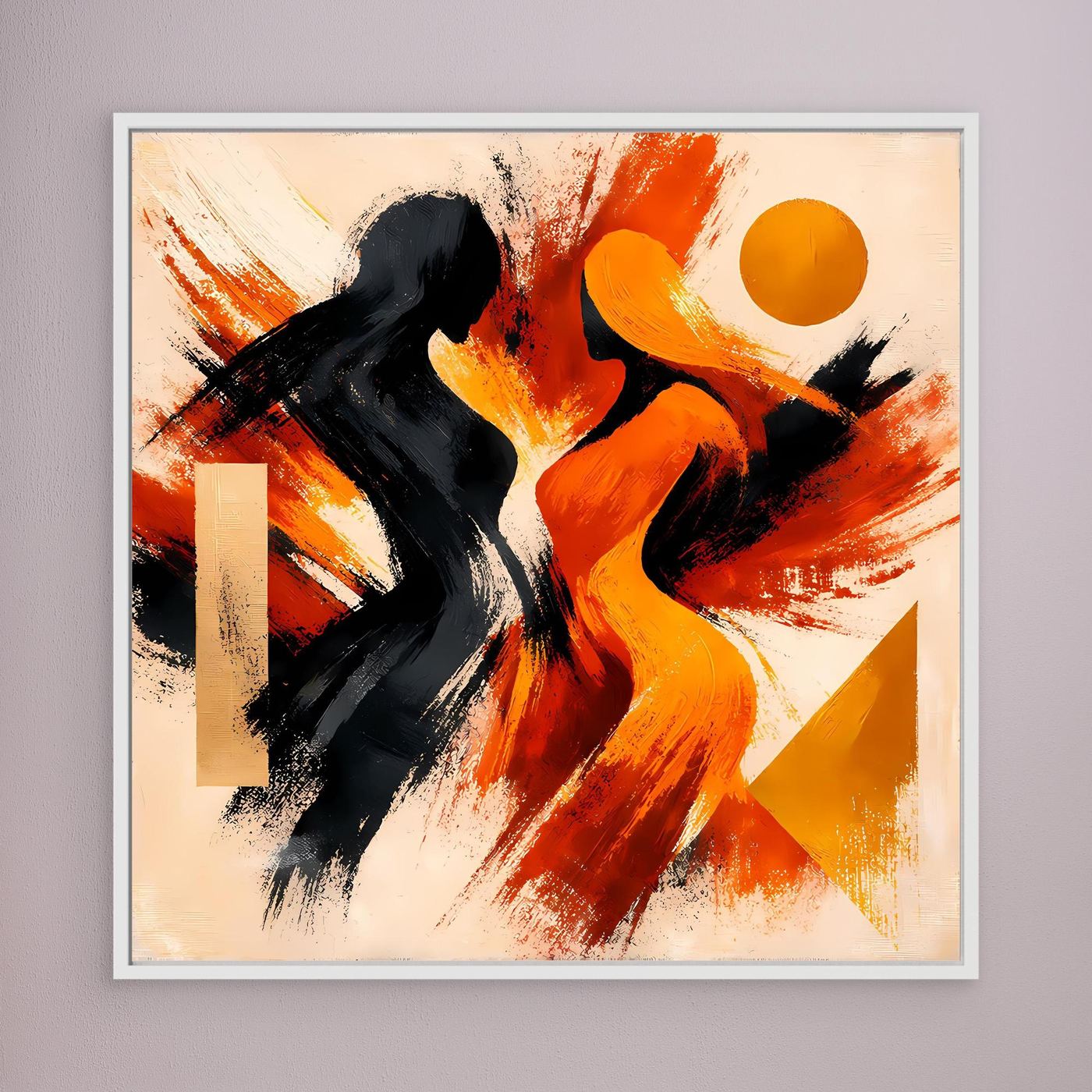 Abstraktes Leinwandbild mit orange-roter Figur und schwarzer Silhouette, weißer Rahmen