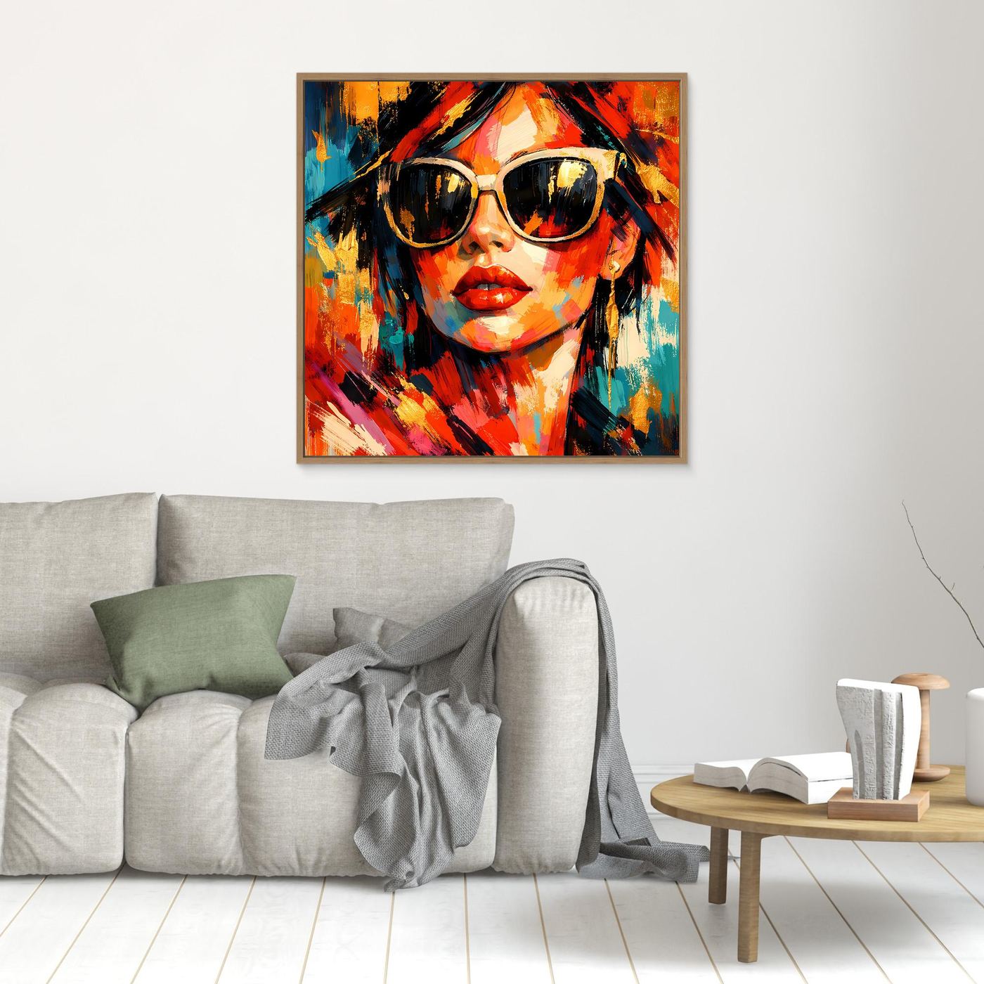 Leinwandbild Pop-Art-Frau mit Sonnenbrille, quadratisch, orangefarbener Holzrahmen, rote Lippen