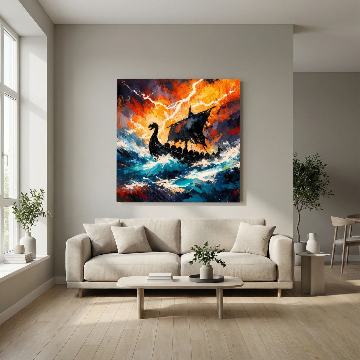 Keilrahmen-Wandbild mit Wikinger-Langschiff im Gewittersturm, stürmische See und leuchtende Wolken