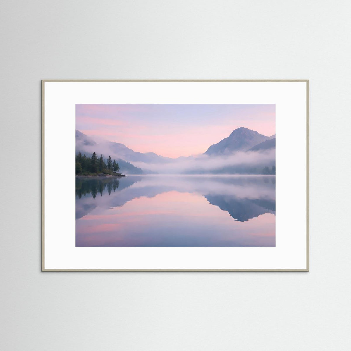Wandkunst mit Bergsee-Landschaft, rosa-blauer Sonnenaufgang, grauer Rahmen