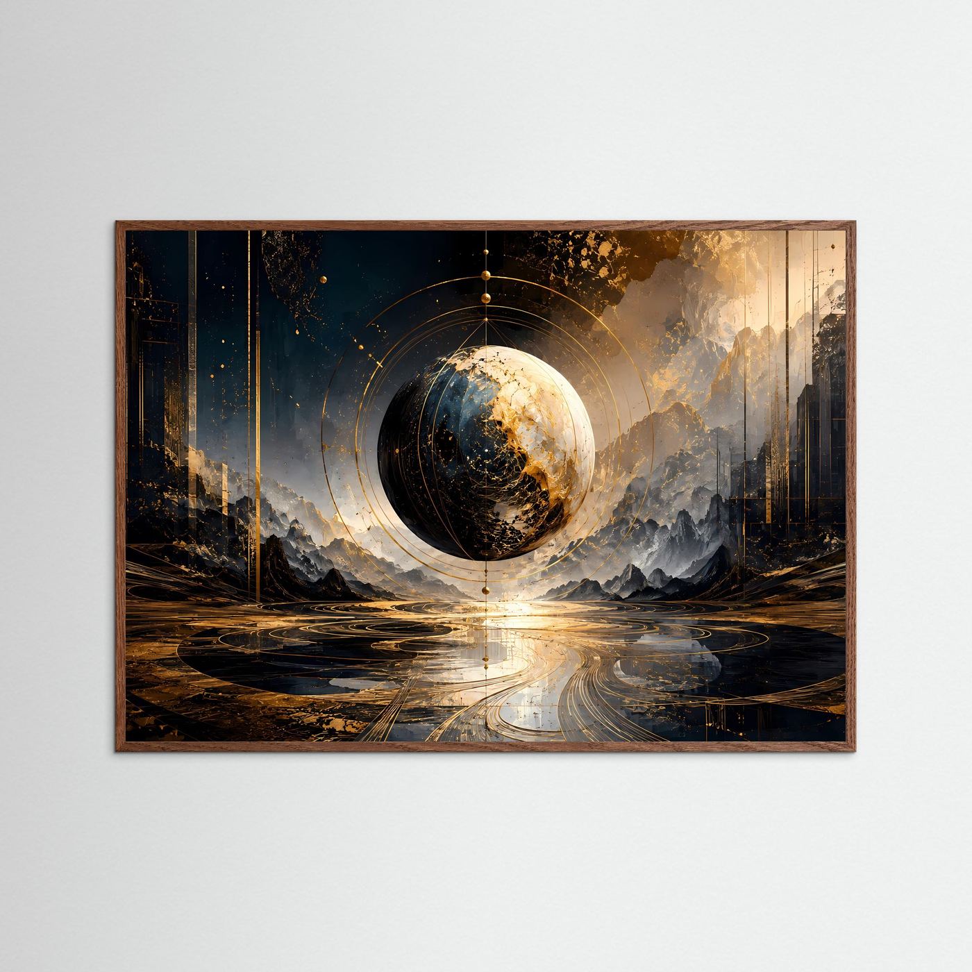 Abstrakte Weltkugel Poster | Gold Schwarz Moderne Wandkunst | Futuristische Planetensphäre | Luxus Fine Art Kunstdruck