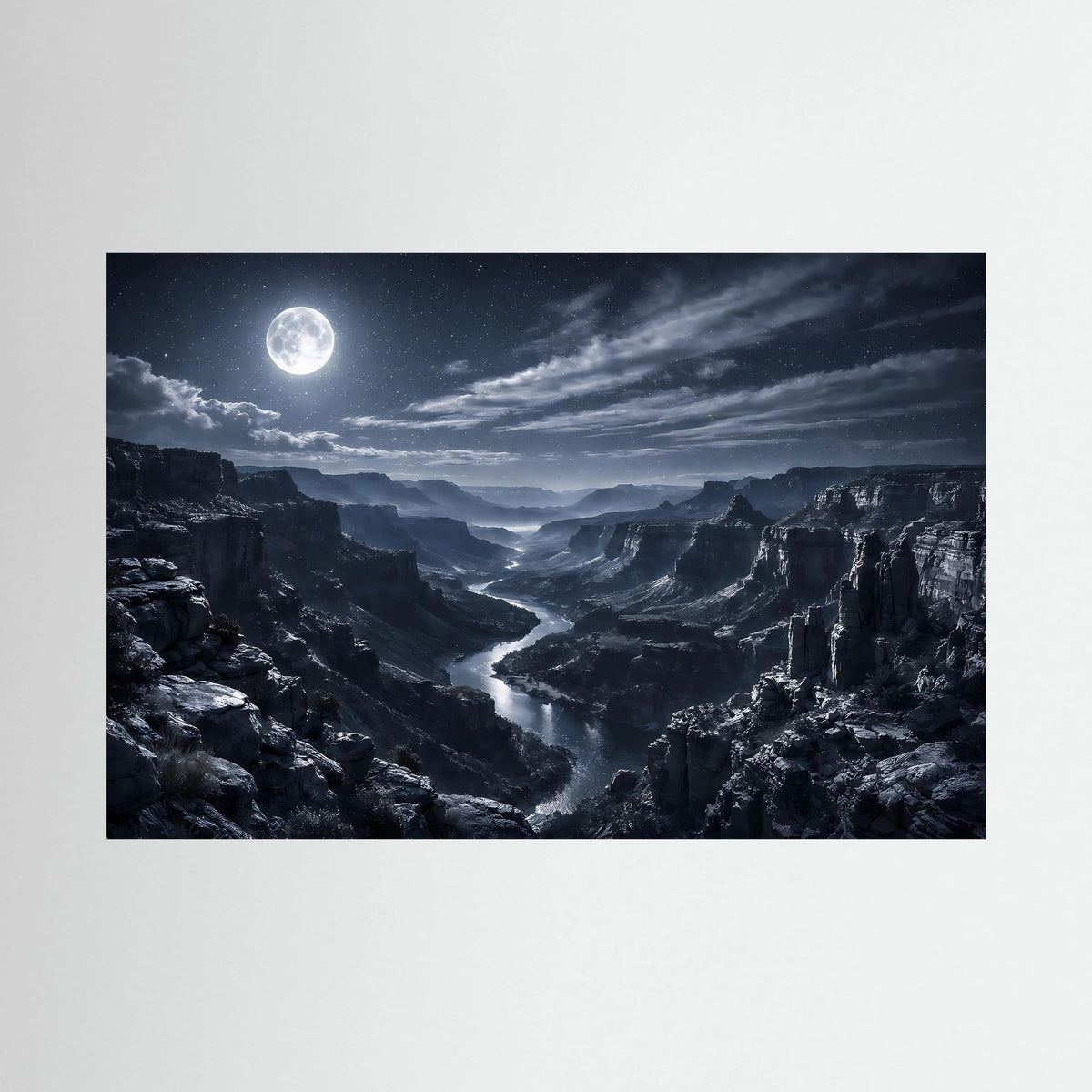 Wandposter im Querformat: Vollmond über Canyonlandschaft mit Fluss in der Nacht