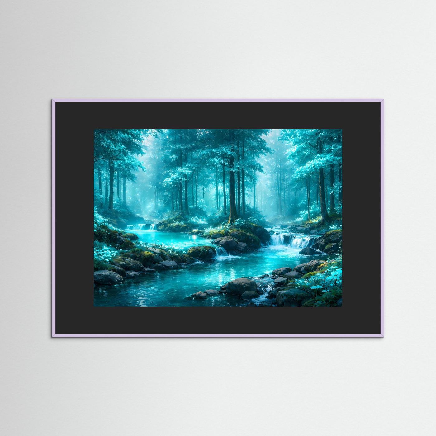 Wandbild mit Waldfluss-Fotografie: türkisfarbenes Wasser, grüner Wald, dunkler Rahmen
