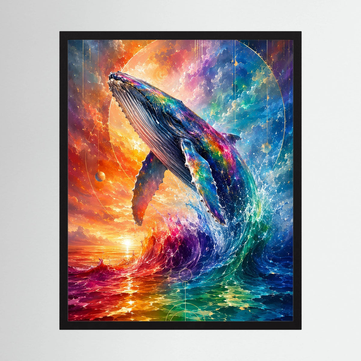 Poster im Hochformat mit Walmotiv, Regenbogenmeer und schwarzem Rahmen