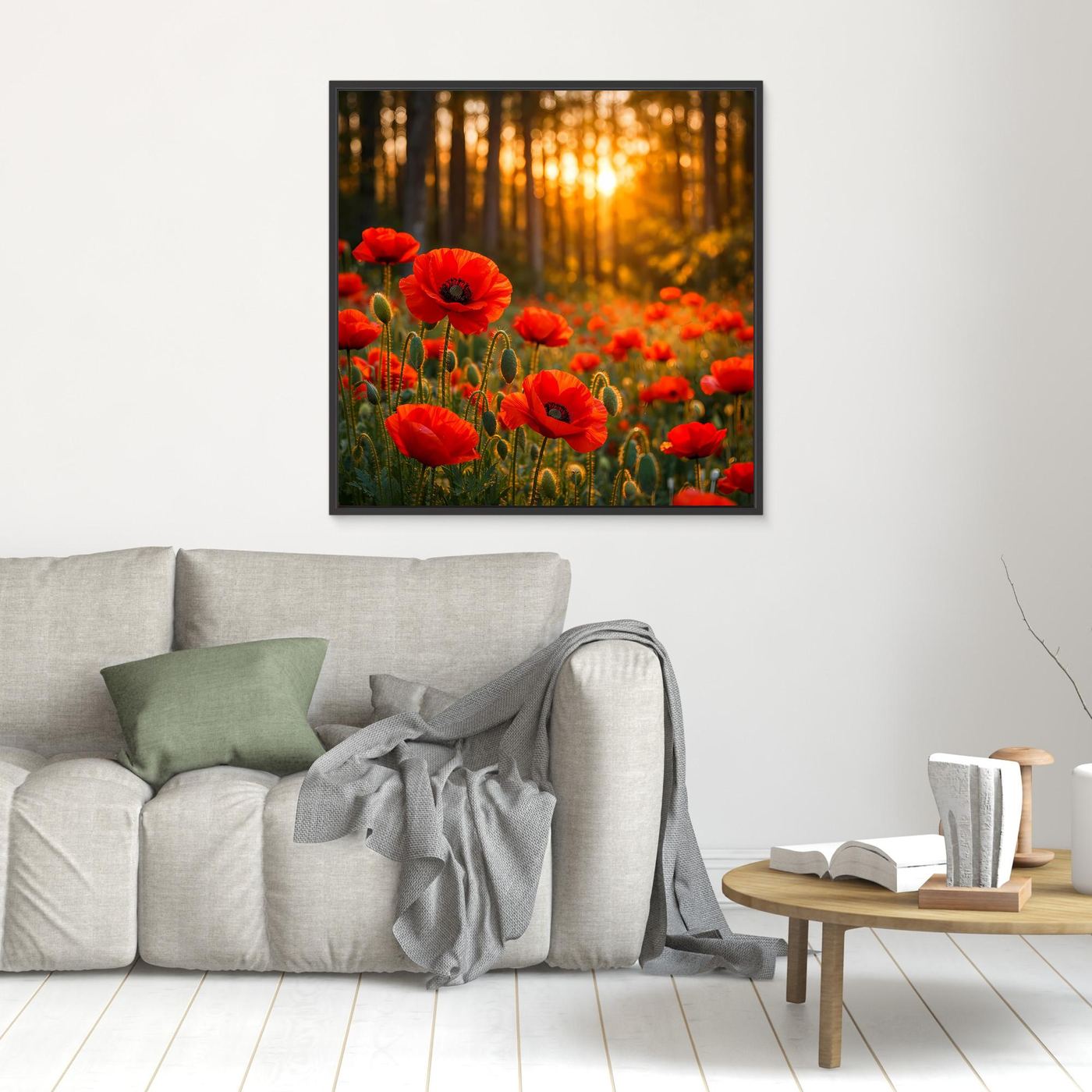 Leinwandbild mit roten Mohnblumen im goldenen Wald, schwarz gerahmt