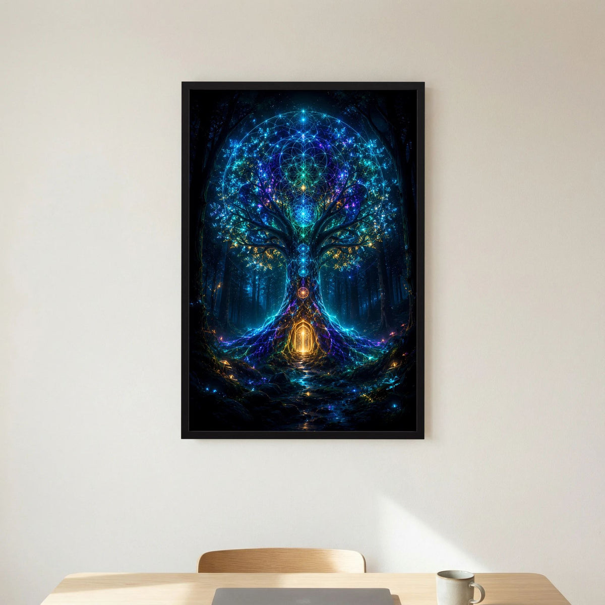 Poster Hochformat mit Portal und leuchtendem Baum in blauer Grafik, schwarz gerahmt
