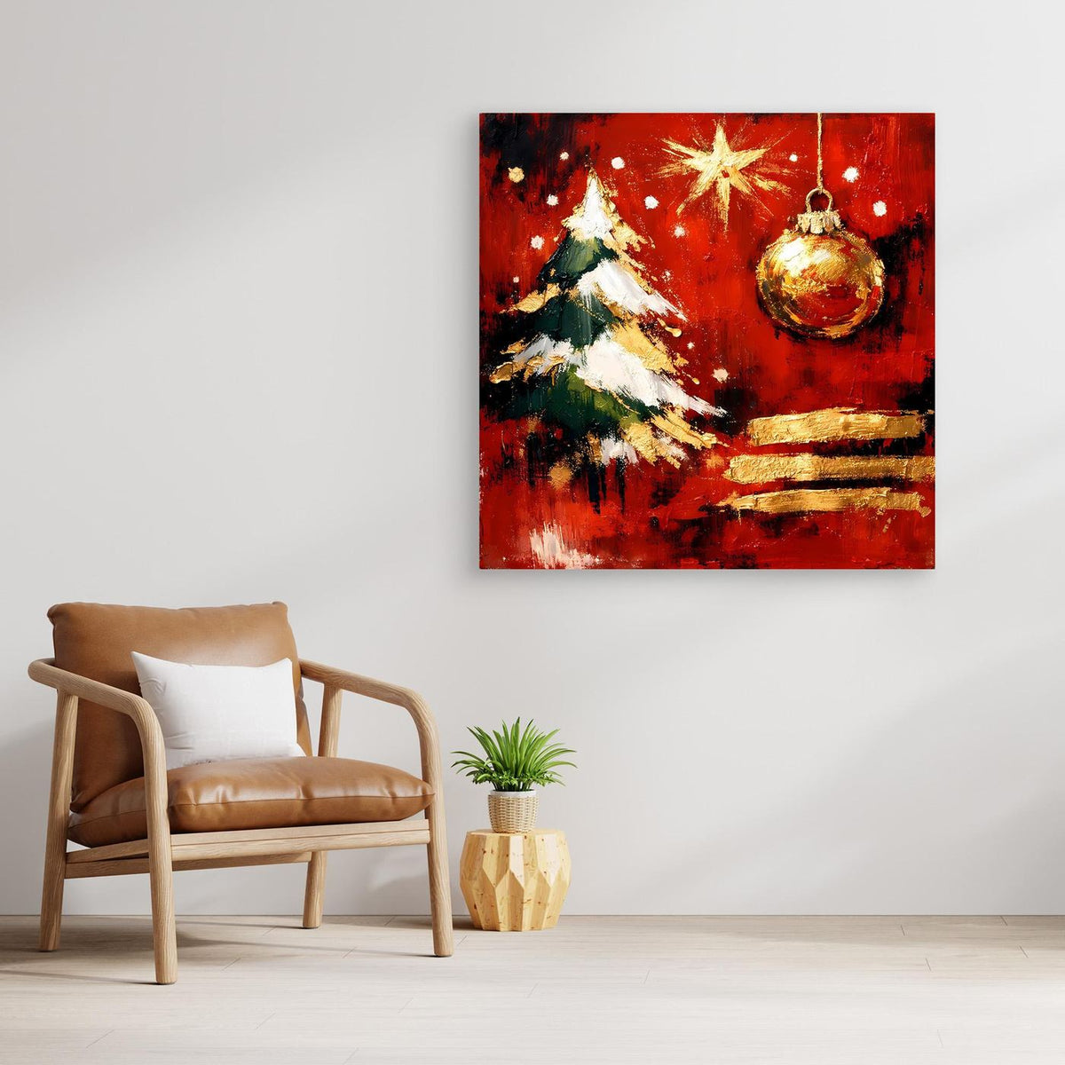 Gerahmtes Wandbild mit abstraktem Weihnachtsbaum, goldener Christbaumkugel und Stern auf Rot