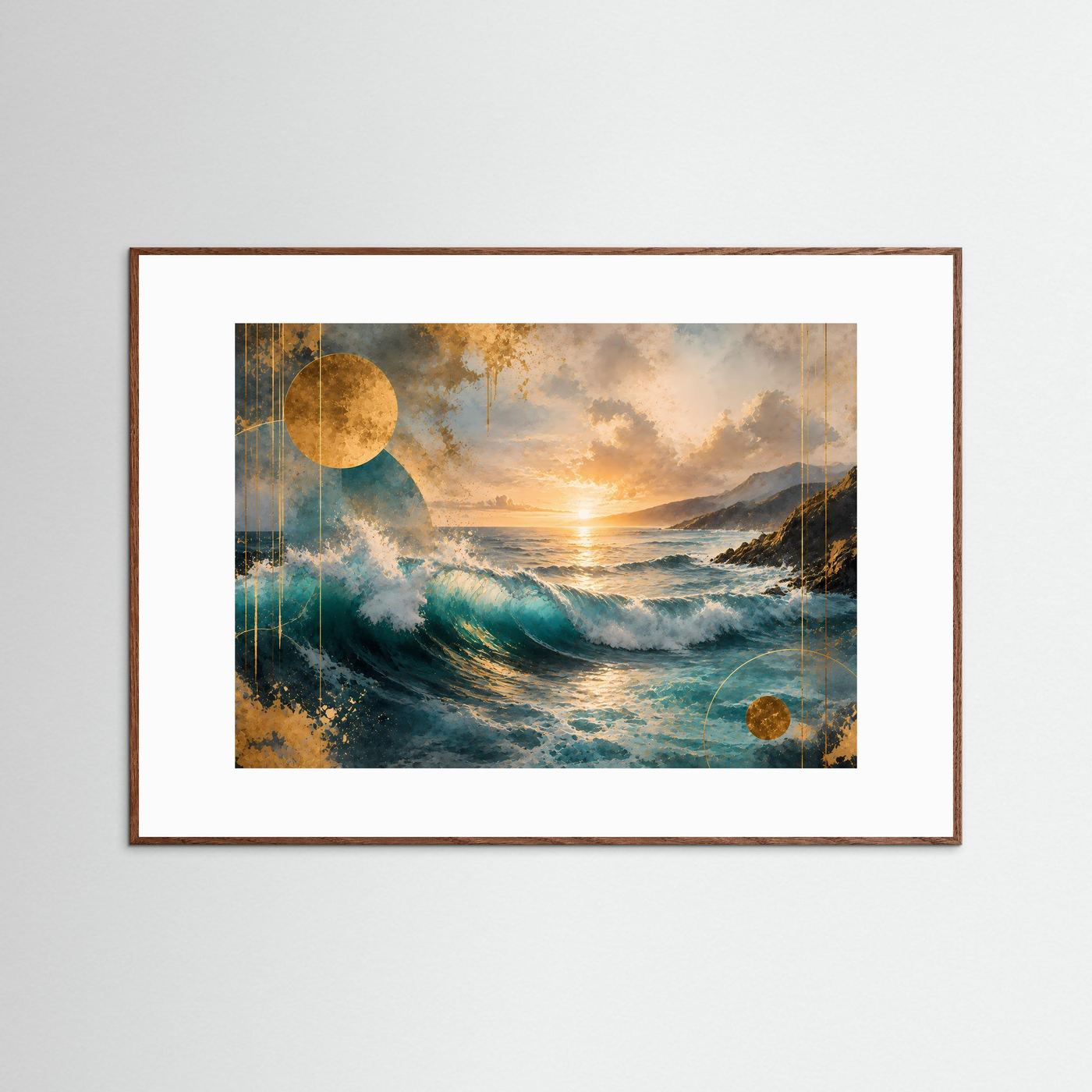 Gerahmtes Poster mit abstrakter Meereswelle bei Sonnenuntergang, Gold- und Blautöne, dunkler Holzrahmen