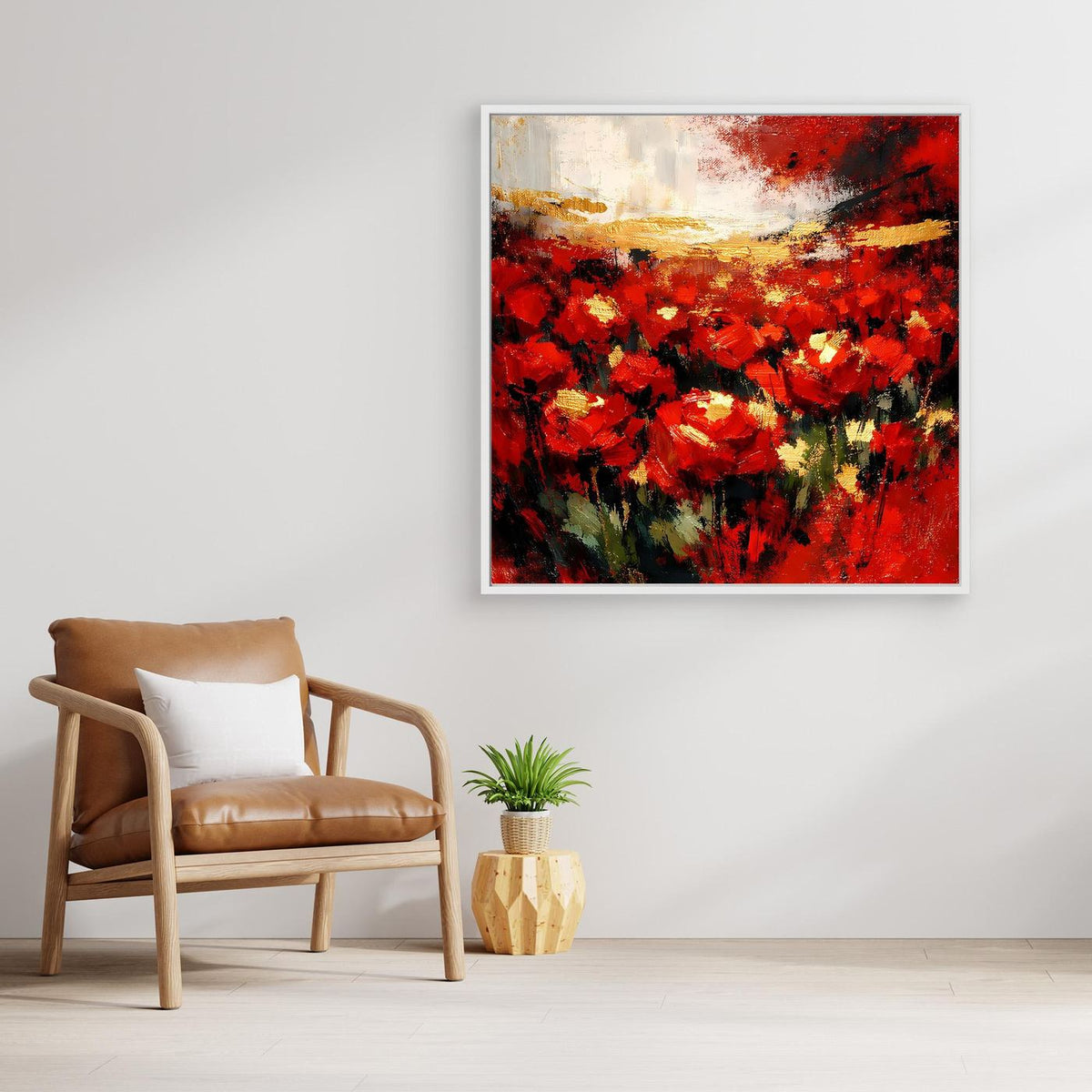 Leinwand-Wandbild mit abstraktem roten Blütenfeld und goldenen Akzenten, gerahmt.