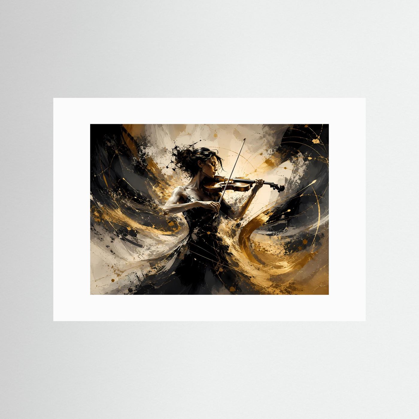 Elegante Geigerin in Gold und Schwarz | Musik & Abstrakte Kunst Wandbild