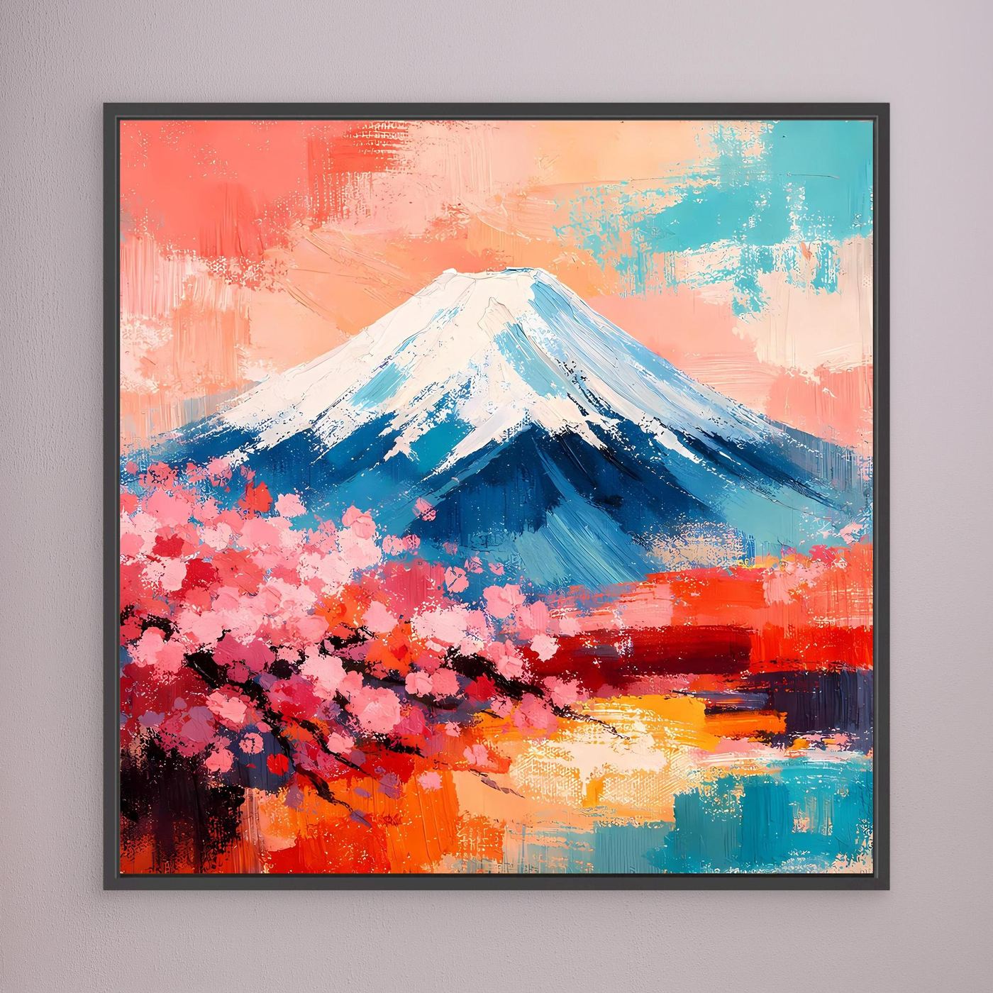 Abstraktes Leinwandbild mit Fuji und Kirschblüten, schwarzer Rahmen