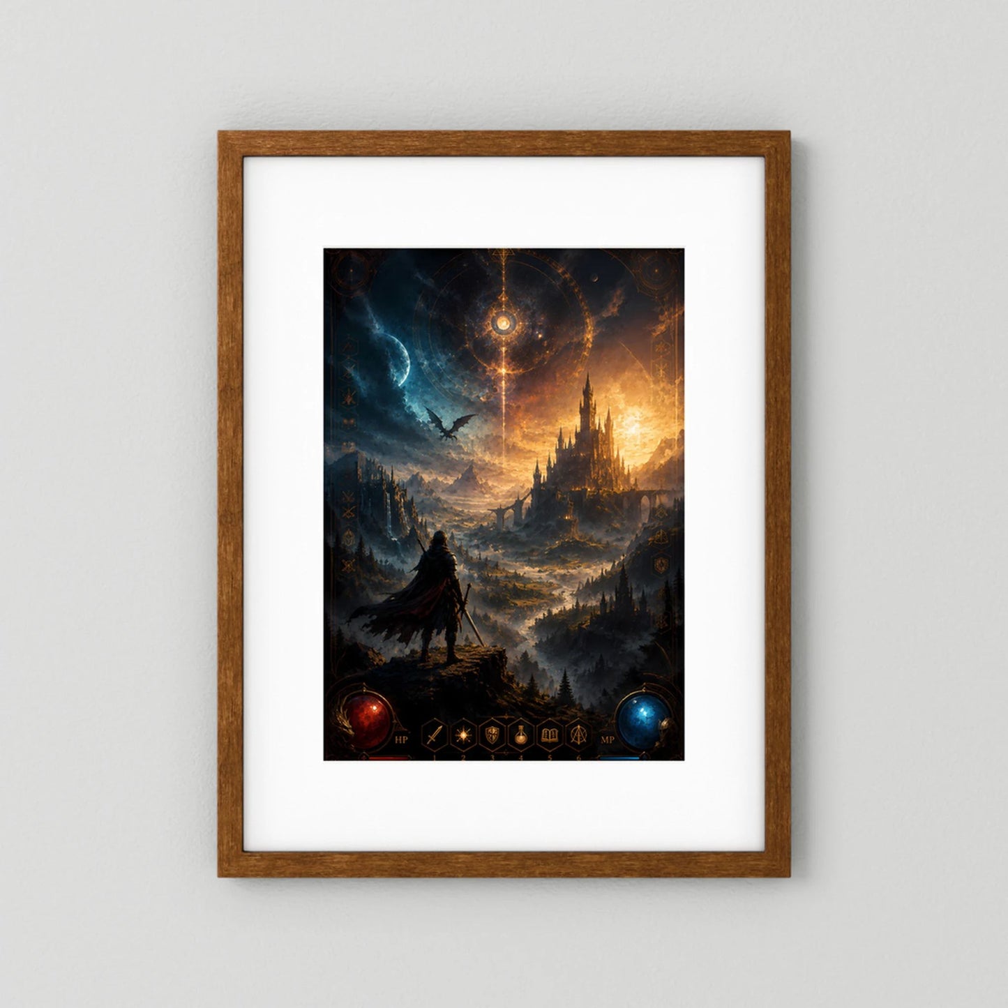Magisches Burg-Kunstposter im Hochformat mit Krieger und Drachen, dunkelbraun gerahmt