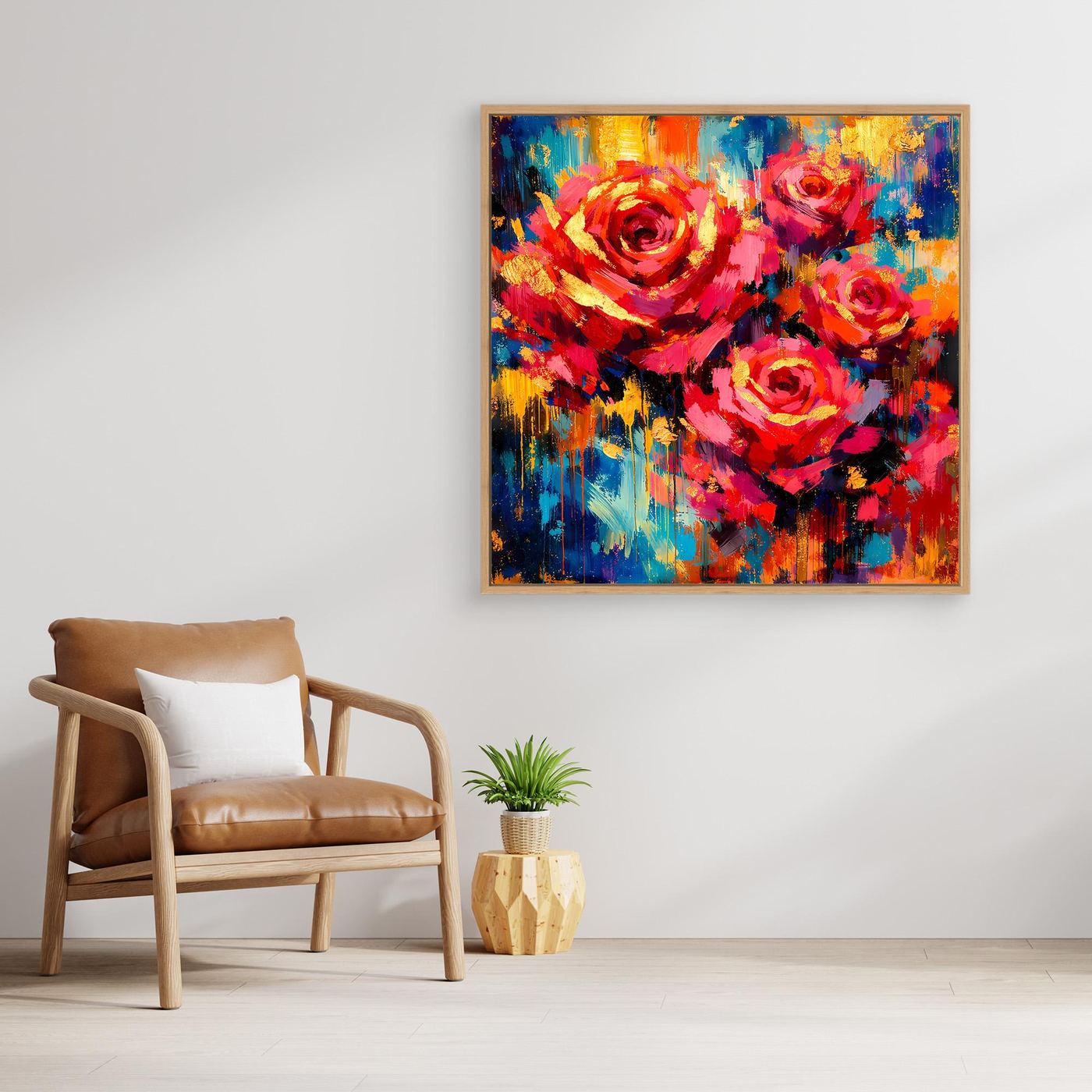 Leinwandbild mit abstrakten Rosenmotiven in bunten Farben, Holzrahmen