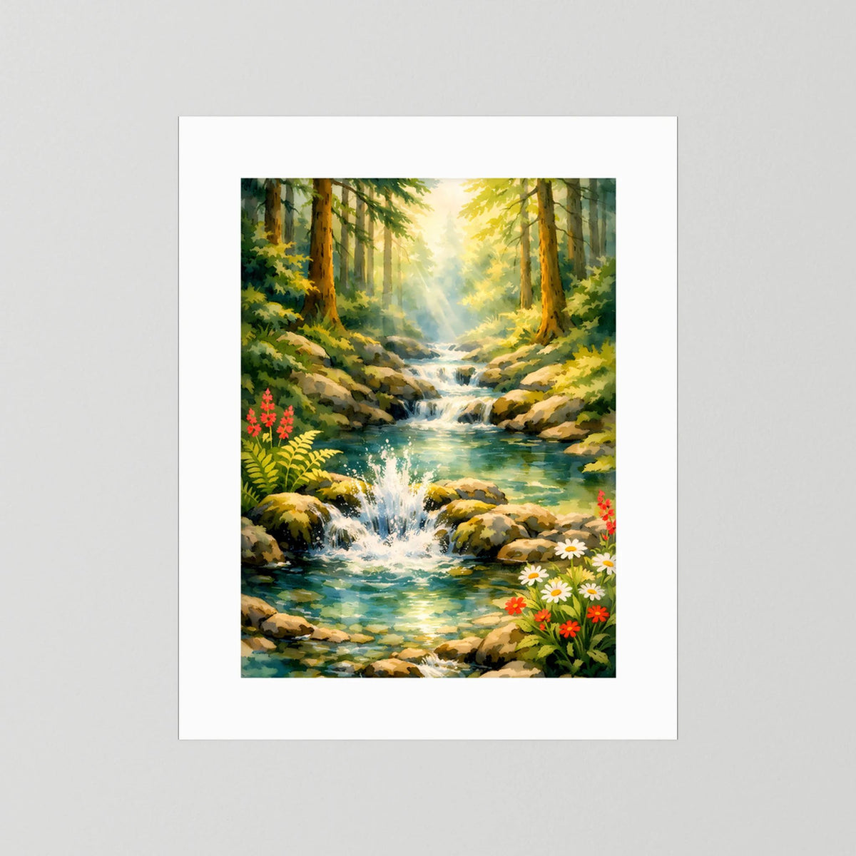 Poster mit Waldidylle und Wasserfall im Hochformat, weißes Passepartout