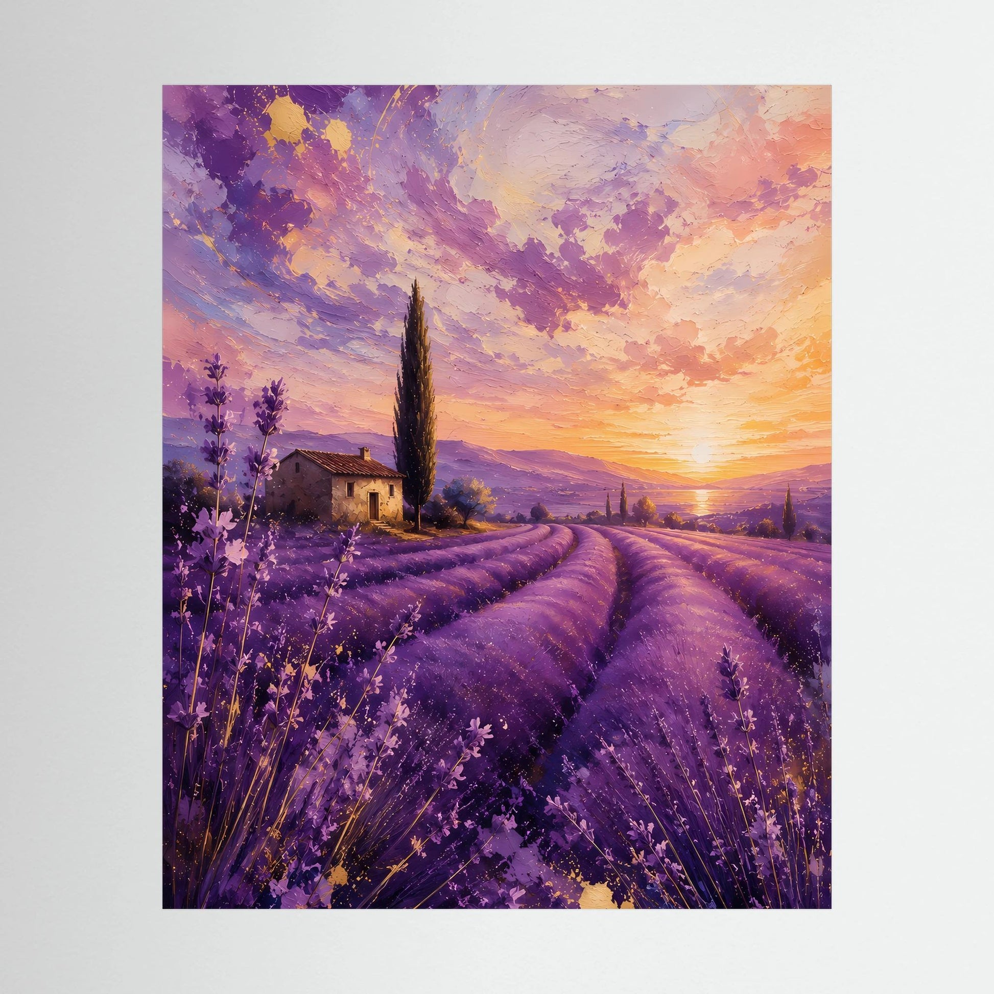 Hochformatiges Poster mit Lavendelfeld und Sonnenuntergang in Lila und Gold.