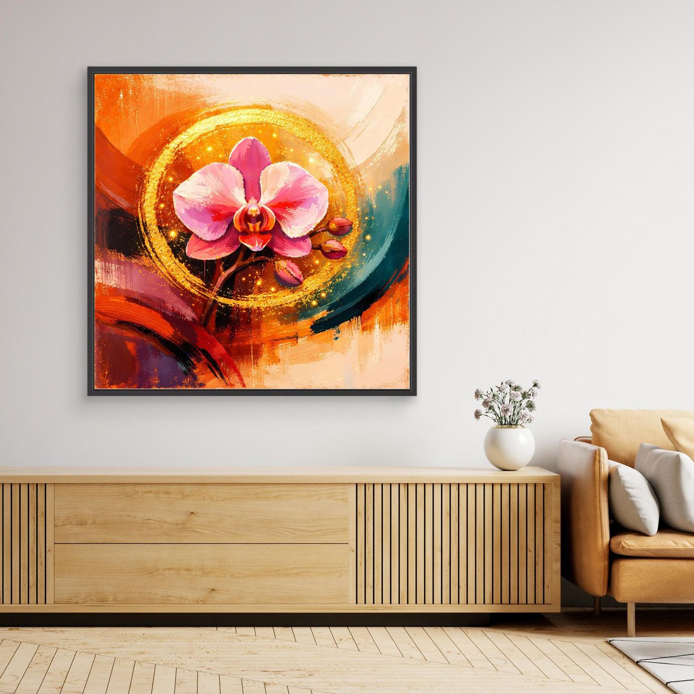 Florales Wandbild mit goldener Orchidee und Kreis, abstrakt, schwarzer Rahmen