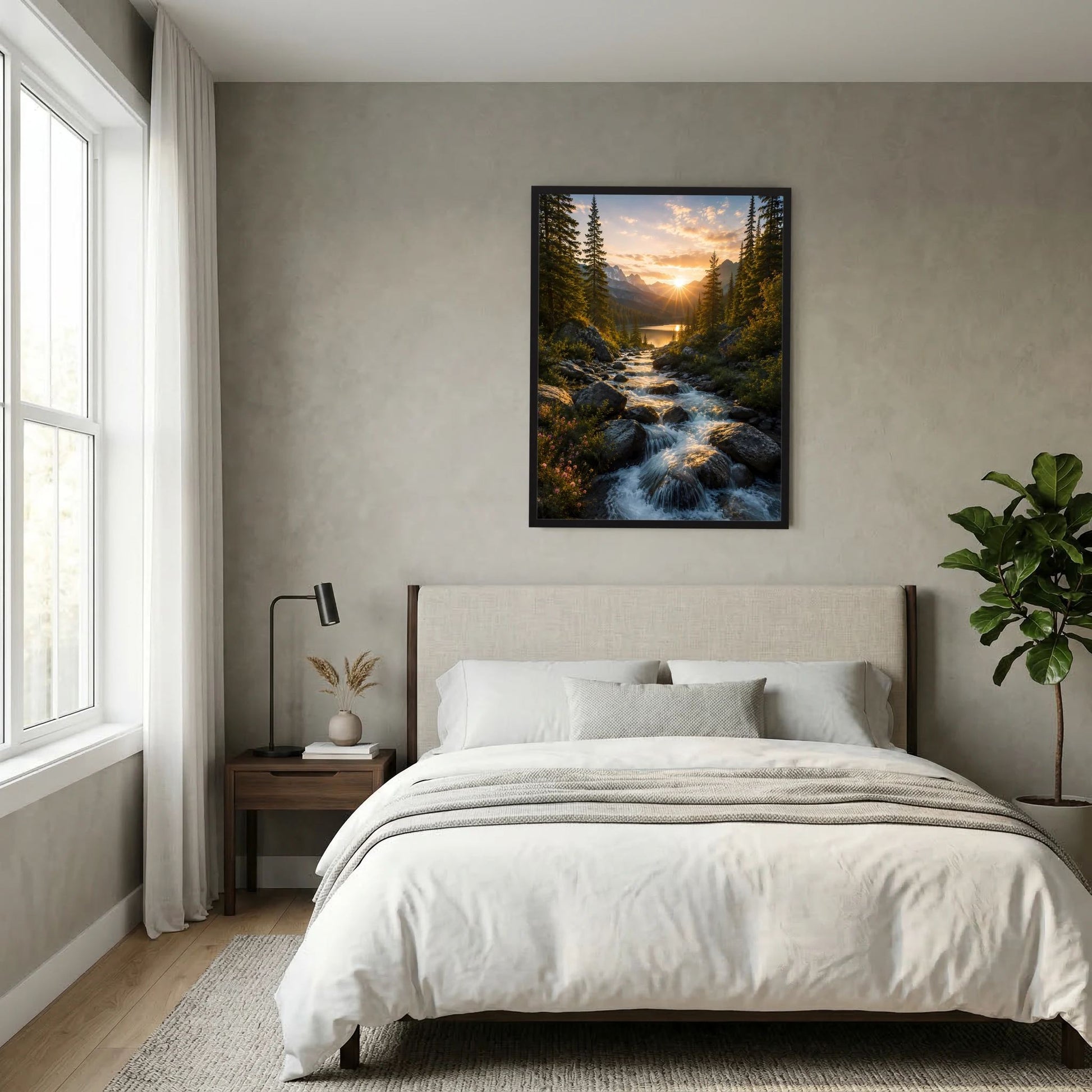 Hochformat-Poster mit Sonnenuntergang über Bachlauf zwischen Tannen, schwarz gerahmt