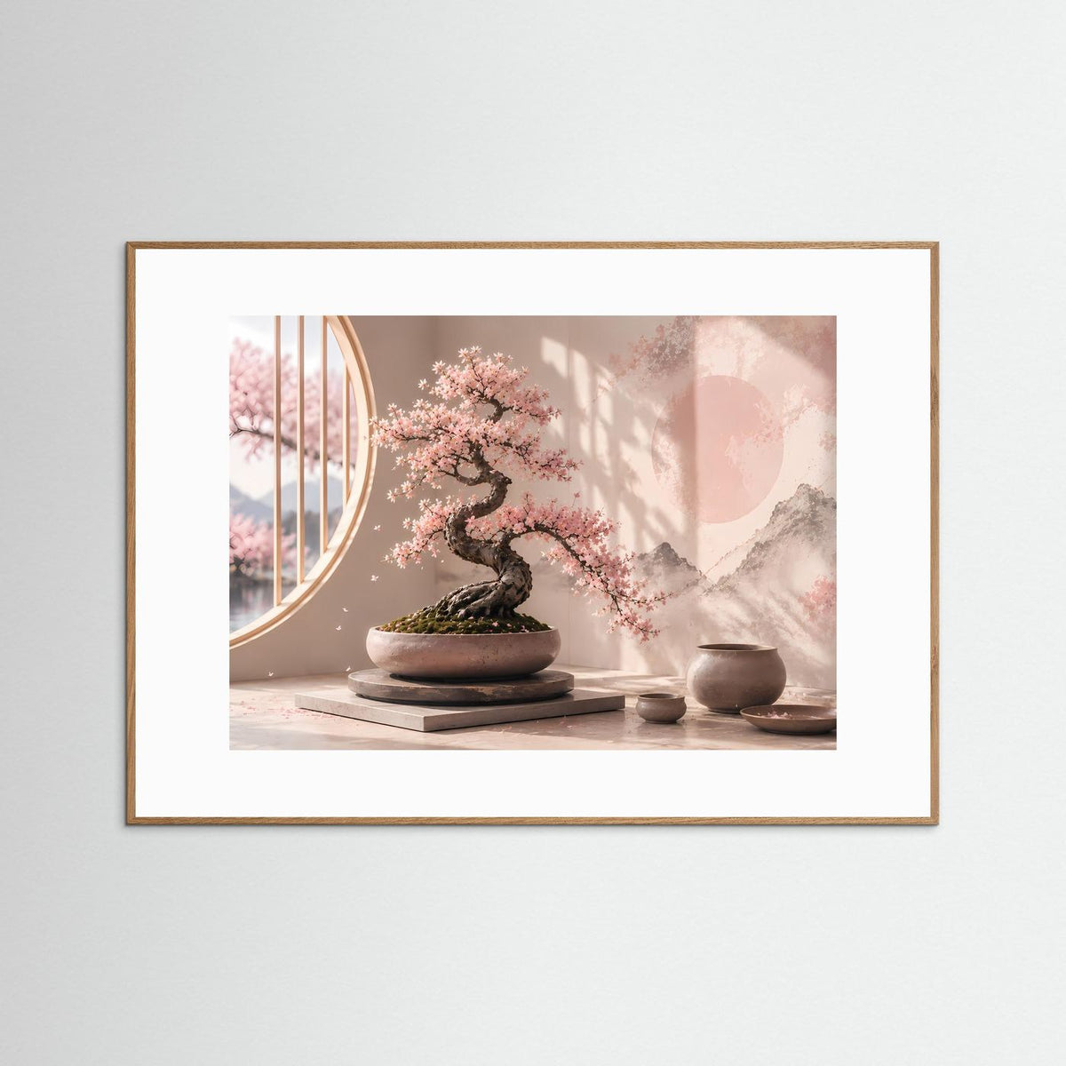 Poster im Querformat: Bonsai mit Kirschblüten in Pastellrosa, brauner Holzrahmen