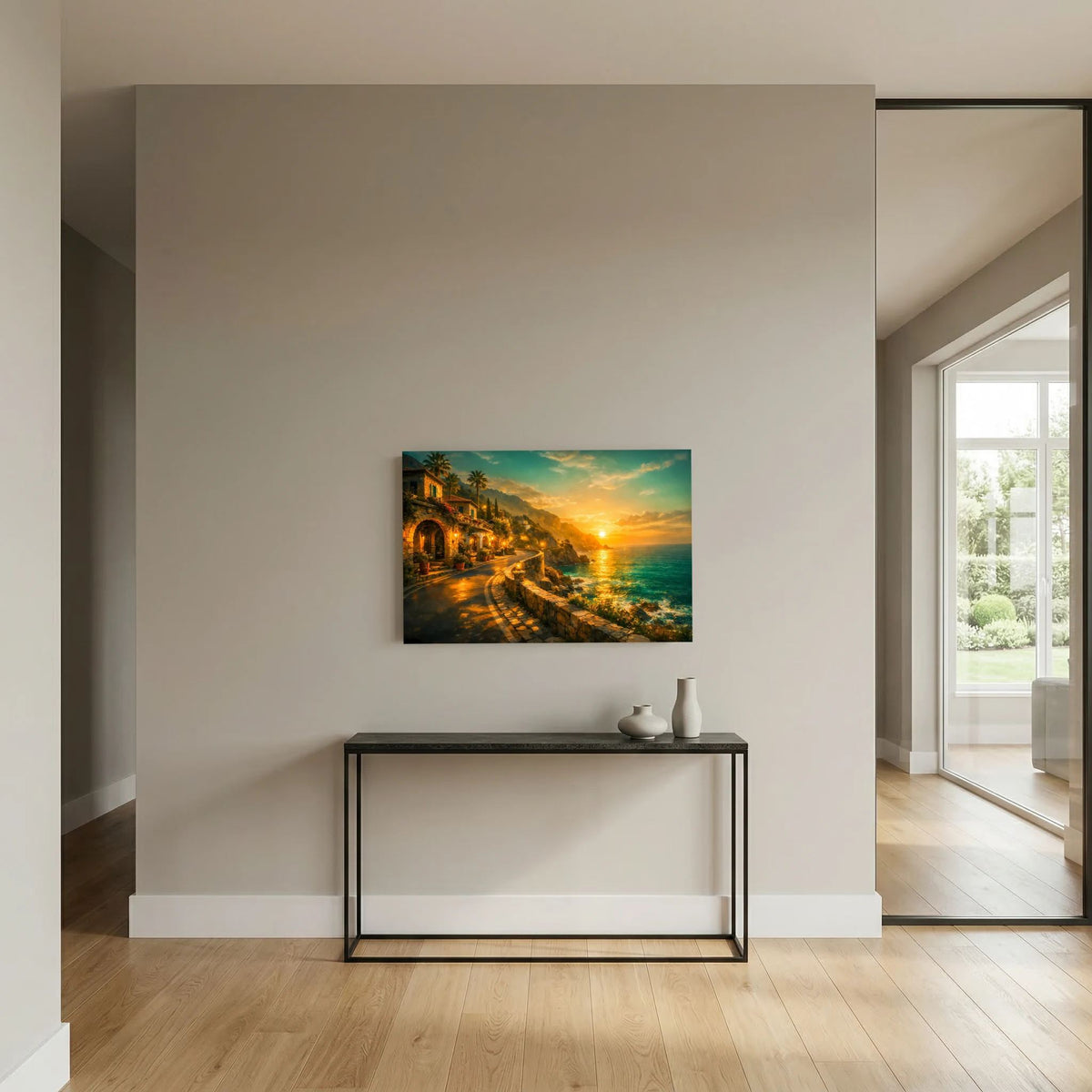 Wandbild im Querformat mit Küstenmotiv und goldenem Sonnenuntergang über dem Meer