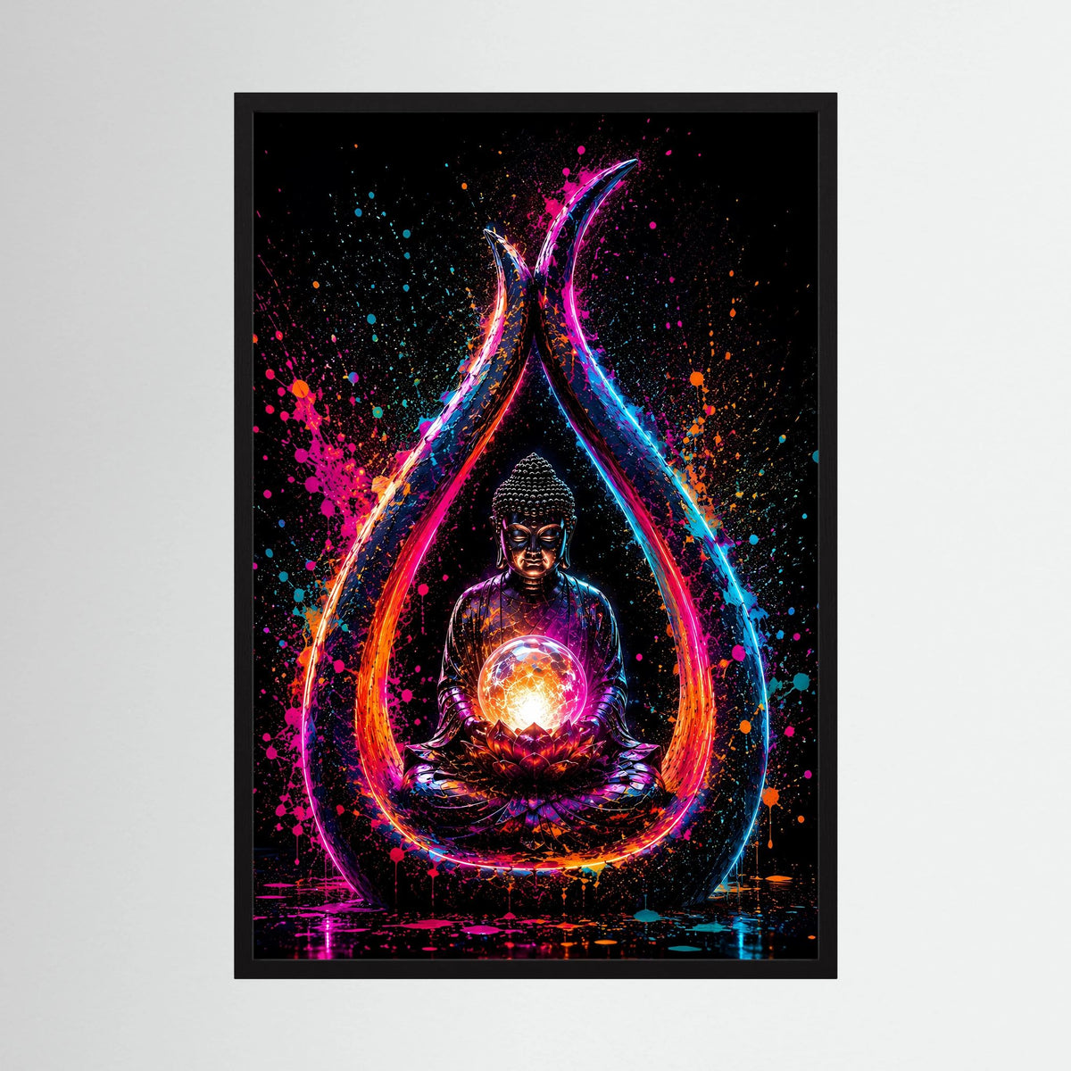Buddha in Neonfarben | Meditation mit leuchtender Lotusblüte | Poster Hochformat