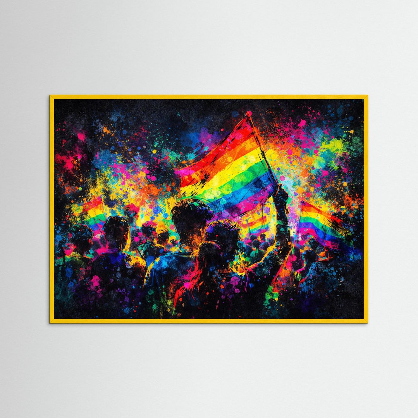 Poster mit Regenbogenflagge und Menschenmenge in bunten Spritzfarben, gelber Rahmen