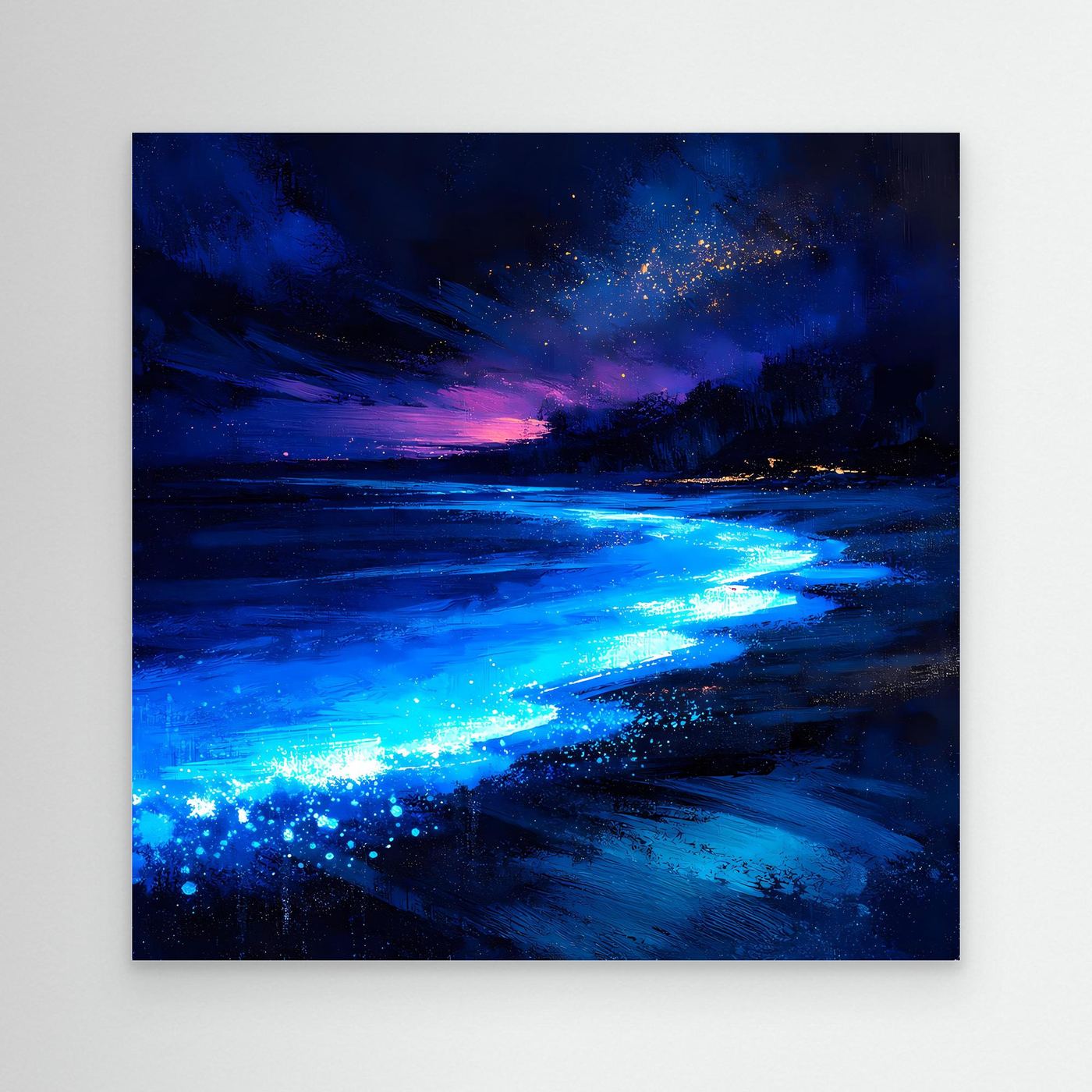 Leinwand Biolumineszierender Strand bei Nacht | Magische Wandkunst auf echter Leinwand