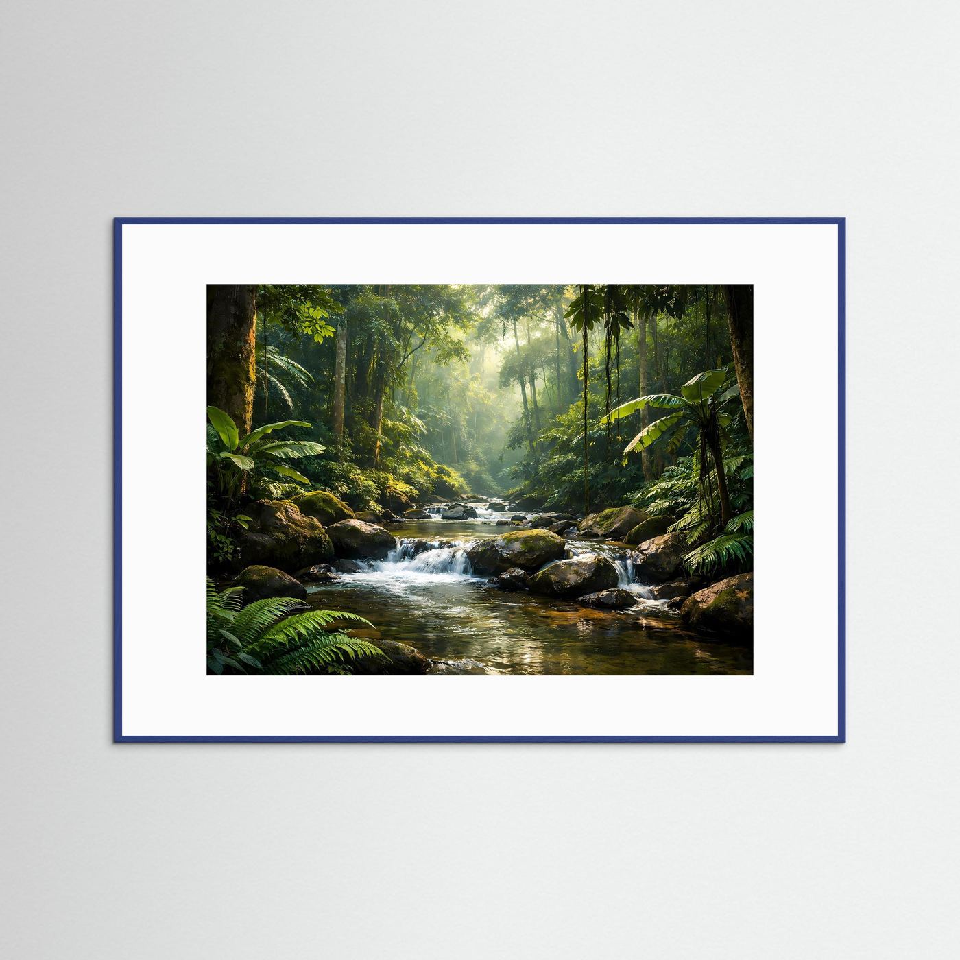 Querformat-Dschungelposter mit Flusslauf, blauer Rahmen mit weißem Passepartout