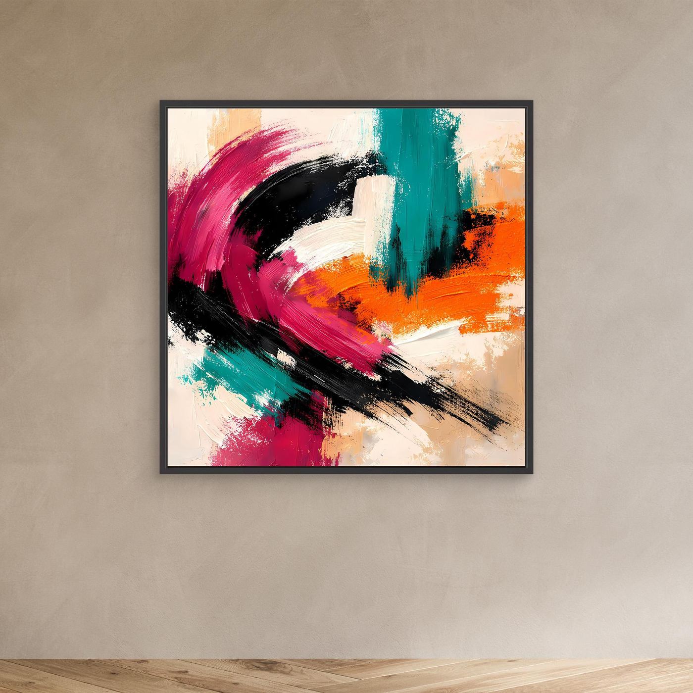 Abstraktes Wandbild auf Leinwand mit schwarzem Rahmen: Pink, Türkis, Orange und Schwarz.