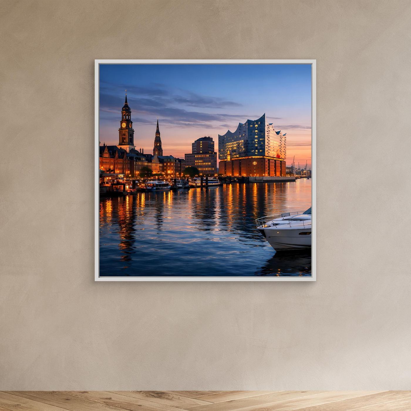 Leinwand-Wandbild mit Skyline am Wasser bei Dämmerung, beleuchtete Gebäude und Boot, weißer Rahmen