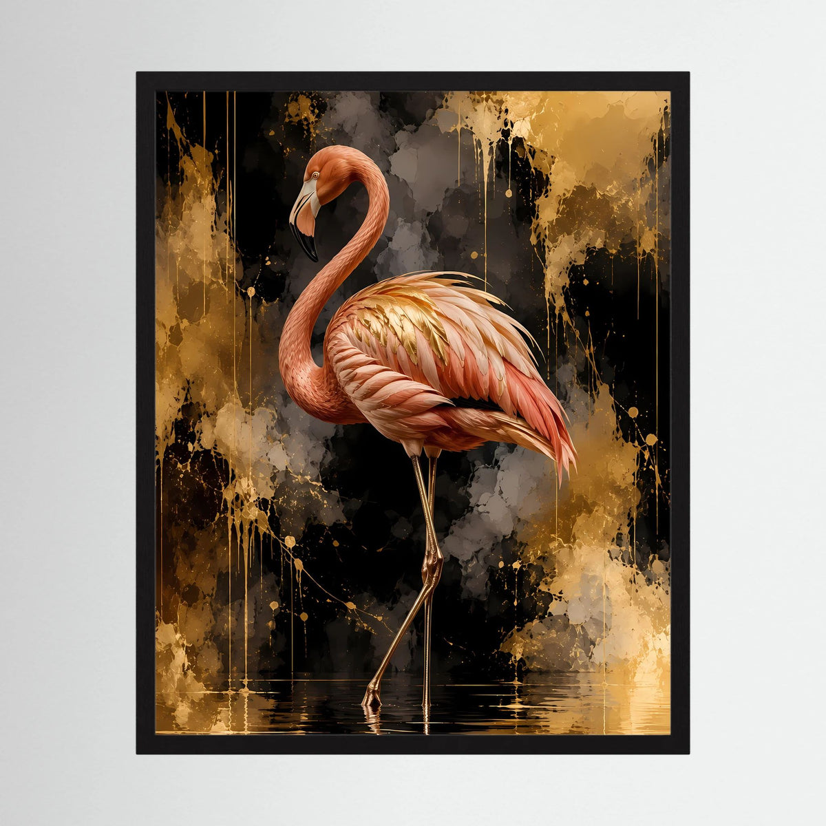Hochformatiges Poster: rosa Flamingo im schwarzen Rahmen vor goldschwarzer Farbfläche