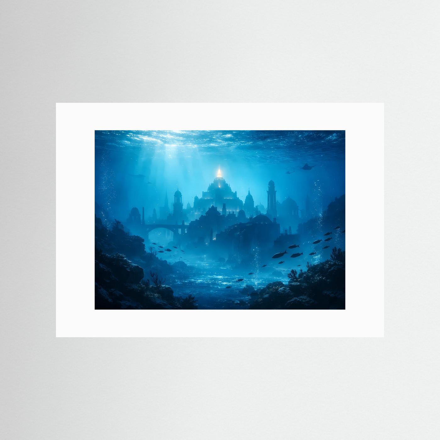 Meerwelt-Poster im Querformat mit Unterwasserstadt in Blau, ohne Rahmen