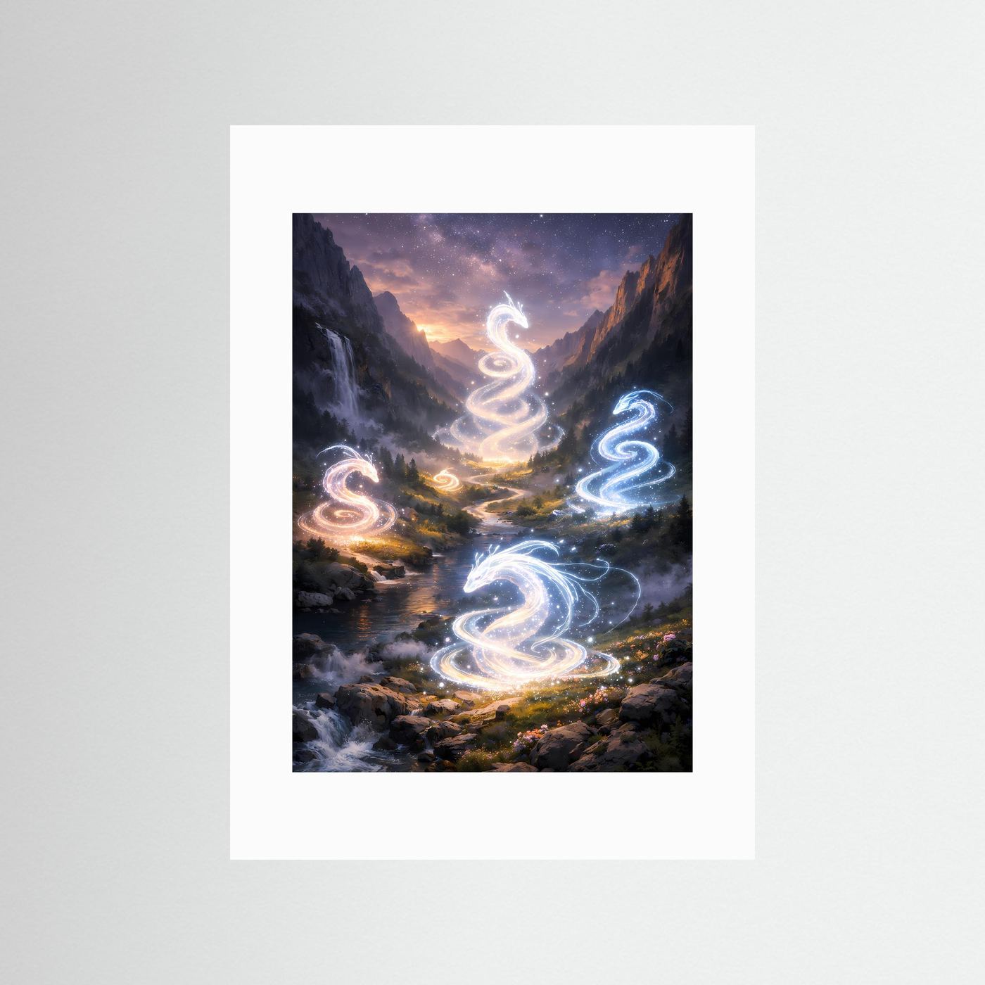 Fantasy-Wandposter mit weißem Passepartout, leuchtende Drachengeister im Flusstal