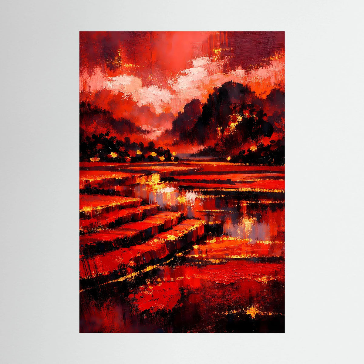 Kunstposter mit abstrakter Rot-Schwarz-Landschaft, dunklem Berg und spiegelndem Fluss
