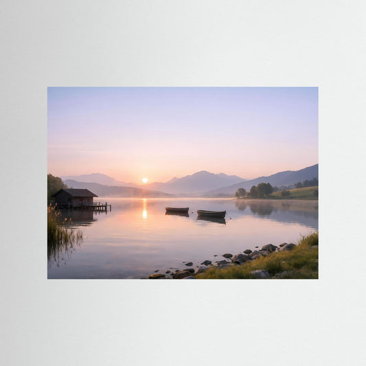 Querformat-Poster mit Sonnenaufgang am See, Steg und zwei Booten auf ruhigem Wasser