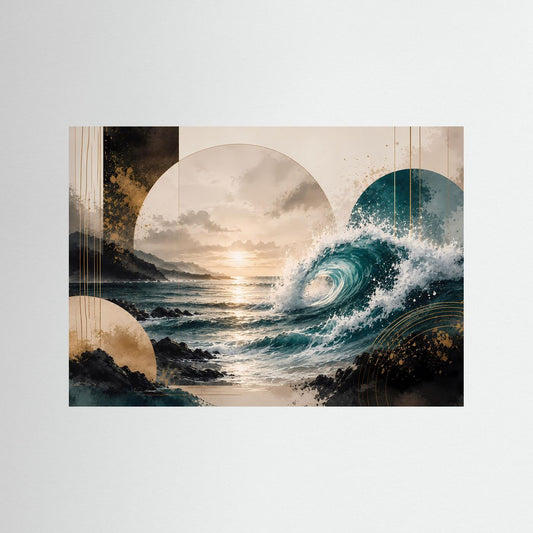 Querformat-Poster mit abstrakter Meereswelle in Petrol, Beige und Gold