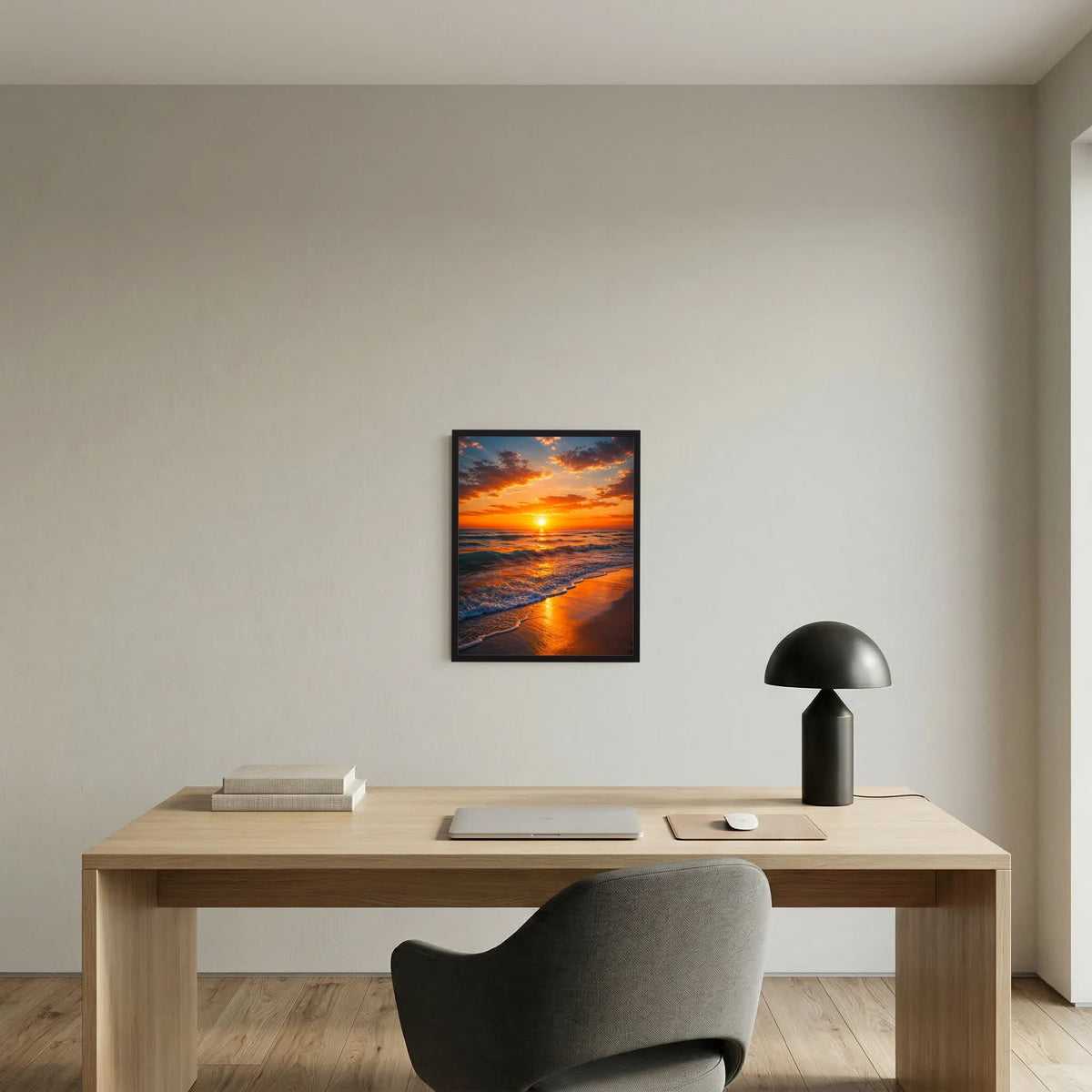 Wandposter im Hochformat, dunkel gerahmt, goldener Sonnenuntergang am Strand