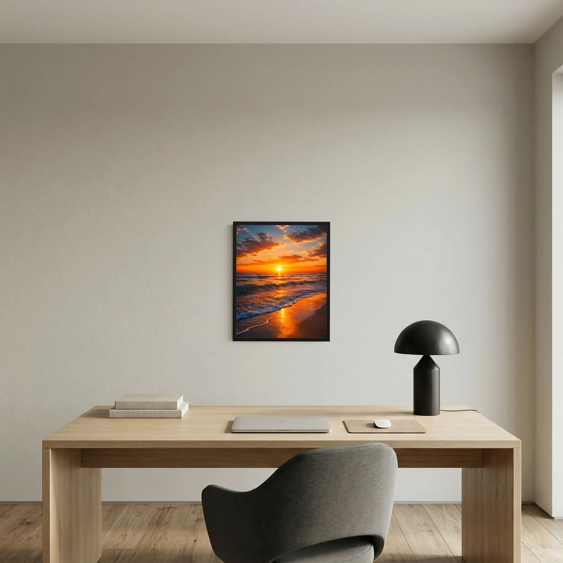 Wandposter im Hochformat, dunkel gerahmt, goldener Sonnenuntergang am Strand