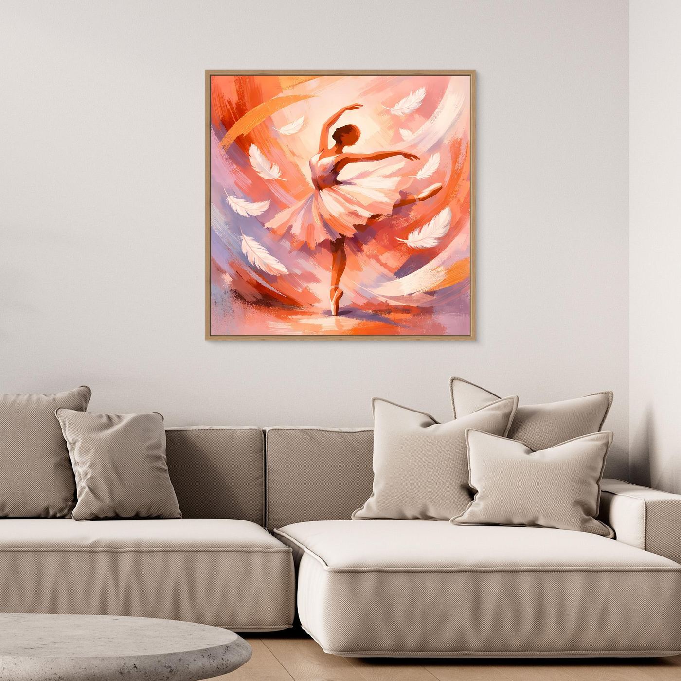 Abstraktes Leinwandbild mit Ballerina in warmen Orange- und Rosatönen, goldener Rahmen