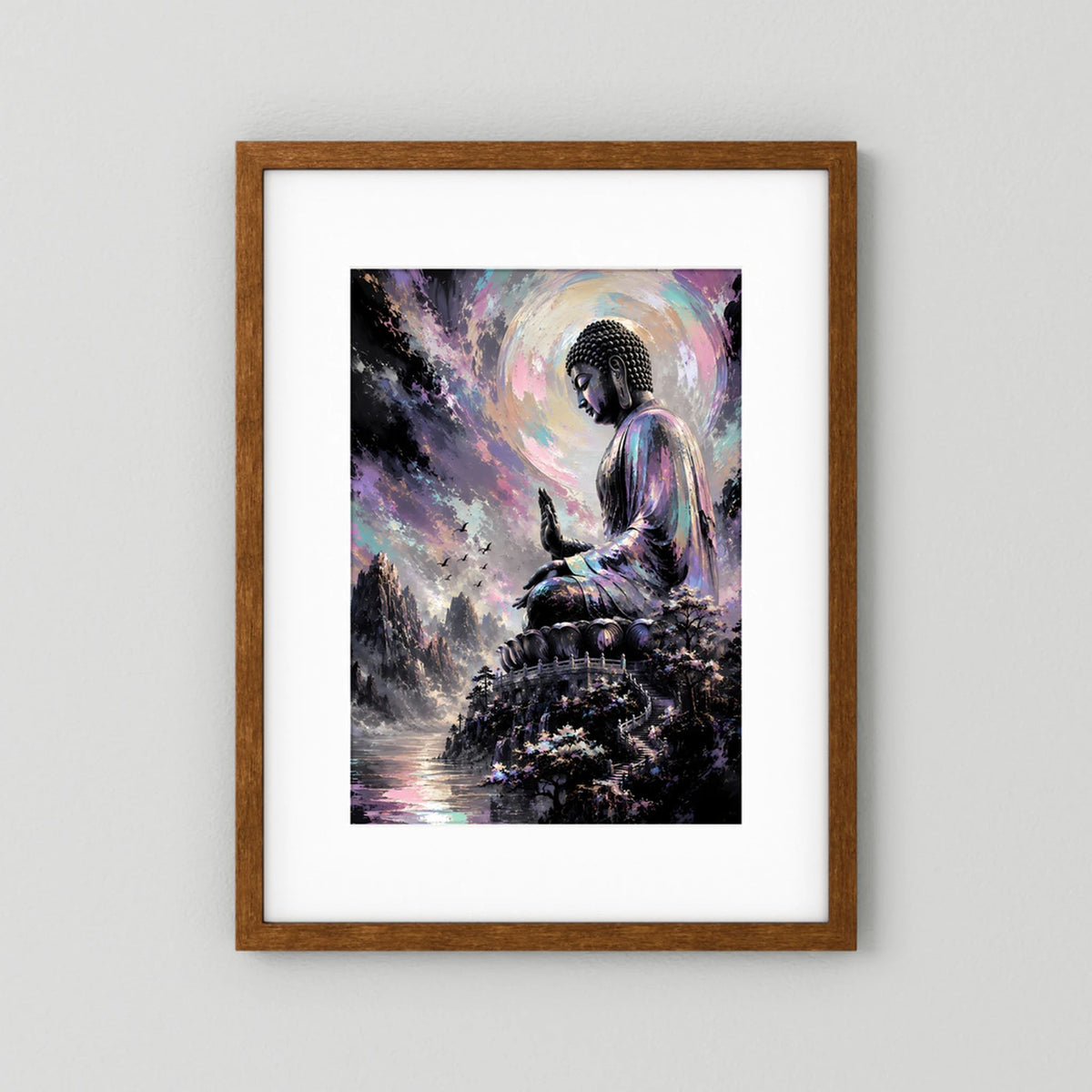 Kunstposter mit meditierendem Buddha in Pastellfarben, dunkelbrauner Holzrahmen mit weißem Rand