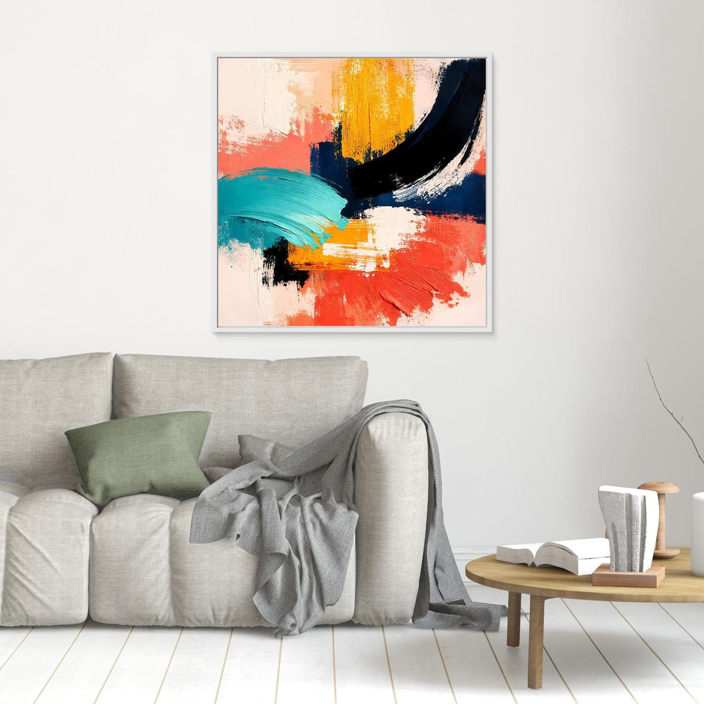 Framed abstract canvas wall art with coral, teal, yellow and navy brushstrokes, white frame