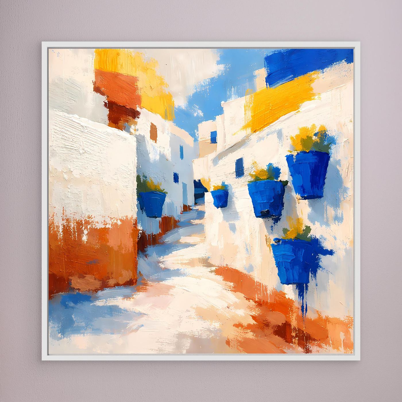 Leinwand Griechische Gasse mit blauen Blumentöpfen | Abstraktes Santorin Wandbild