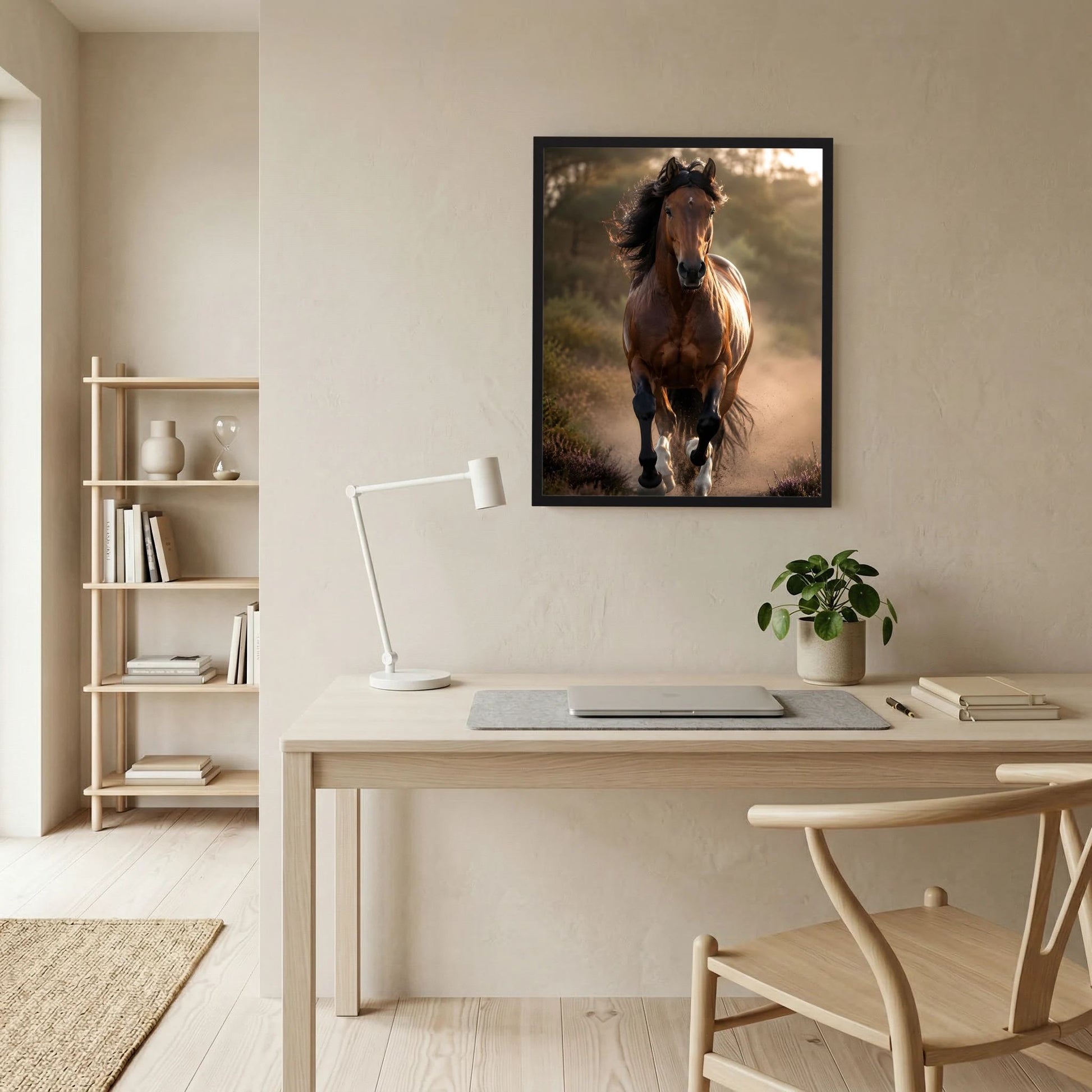 Hochformat-Kunstdruck mit braunem Hengst im Galopp, dunkler Rahmen, Staub im Vordergrund