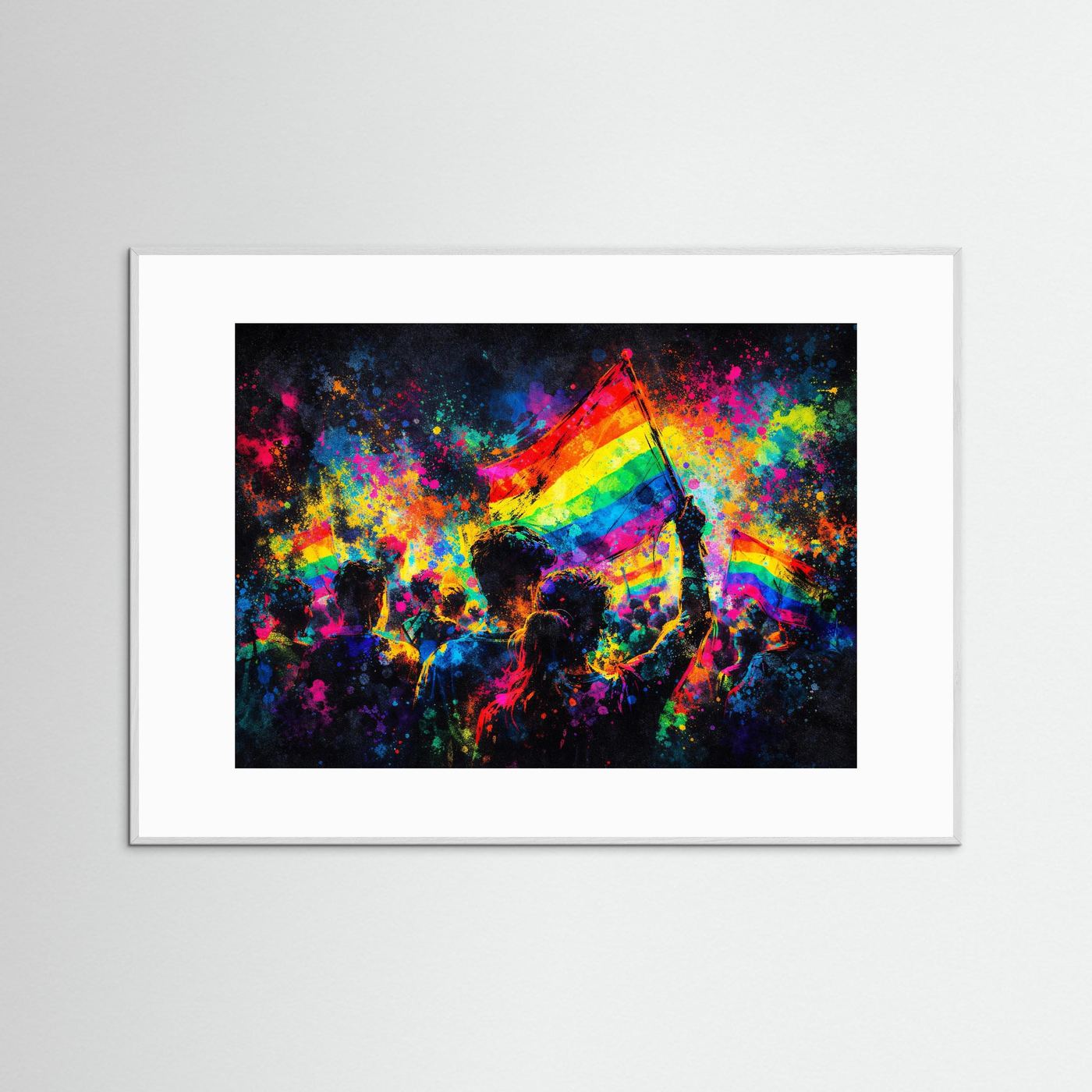 Gerahmtes Wandbild: Regenbogenflagge und Farbnebel über Menschenmenge, weißer Rahmen