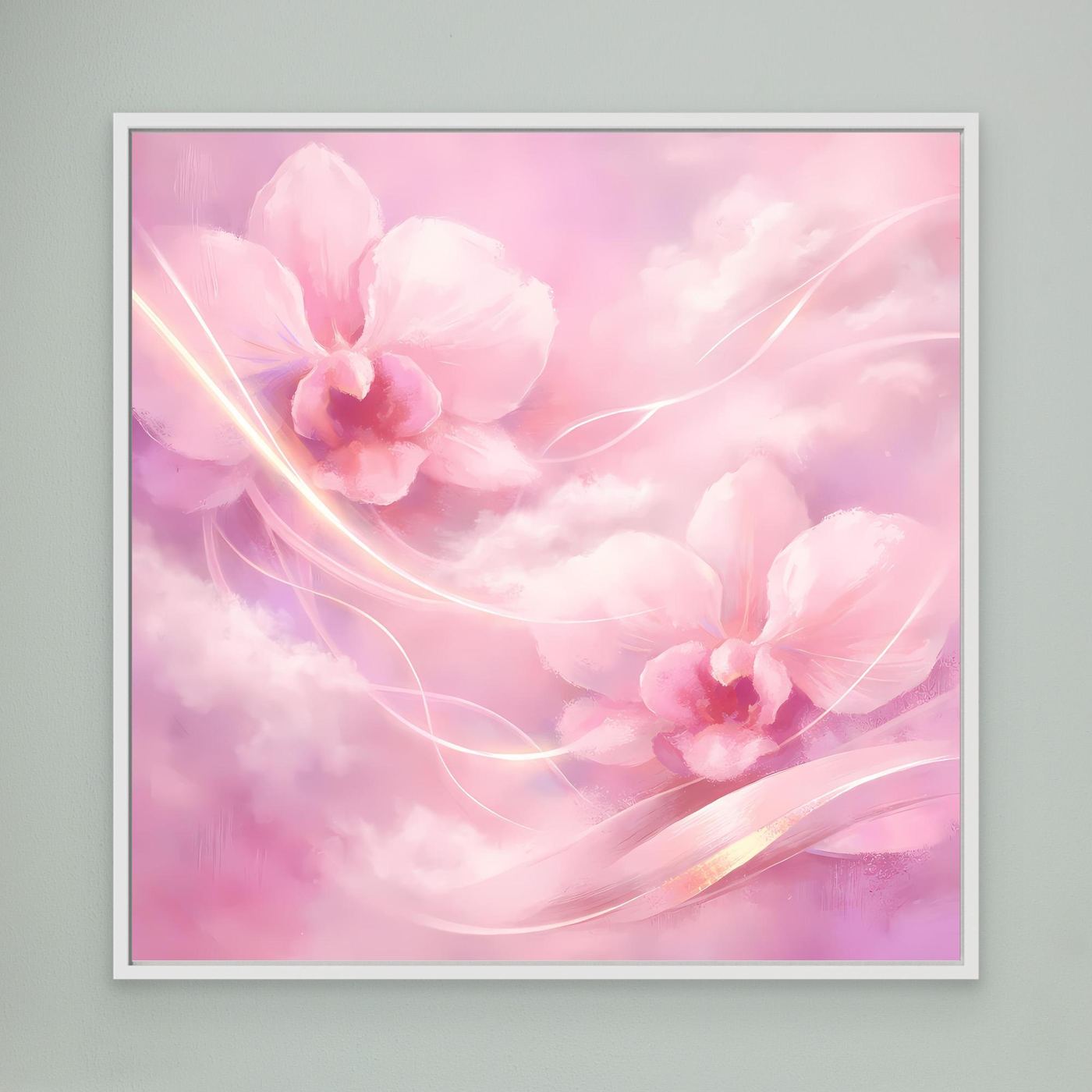 Leinwandbild mit abstrakten rosa Orchideen und goldenen Linien, weiß gerahmt