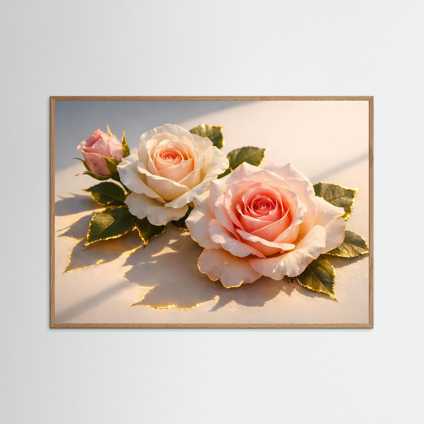 Rosen-Poster im Querformat mit goldenen Lichtakzenten, naturfarbener Holzrahmen