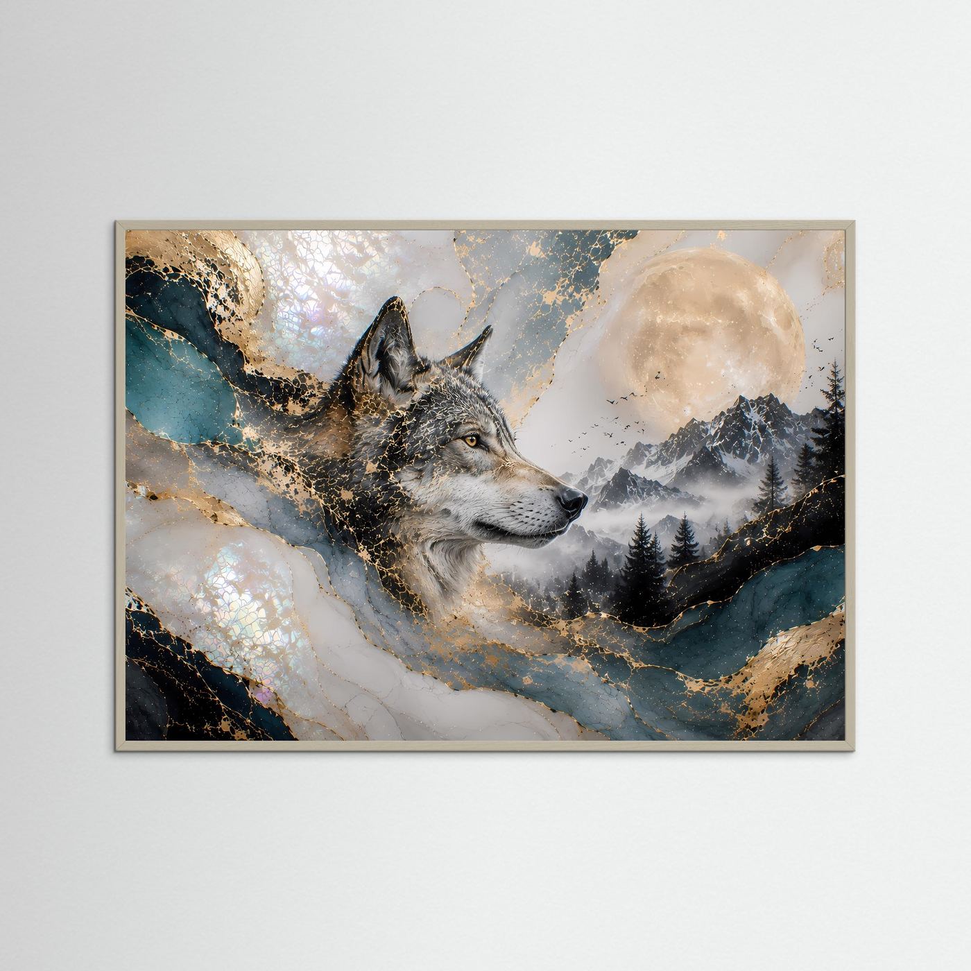 Gerahmtes Querformat-Poster mit Wolf und Mond über verschneiter Berglandschaft