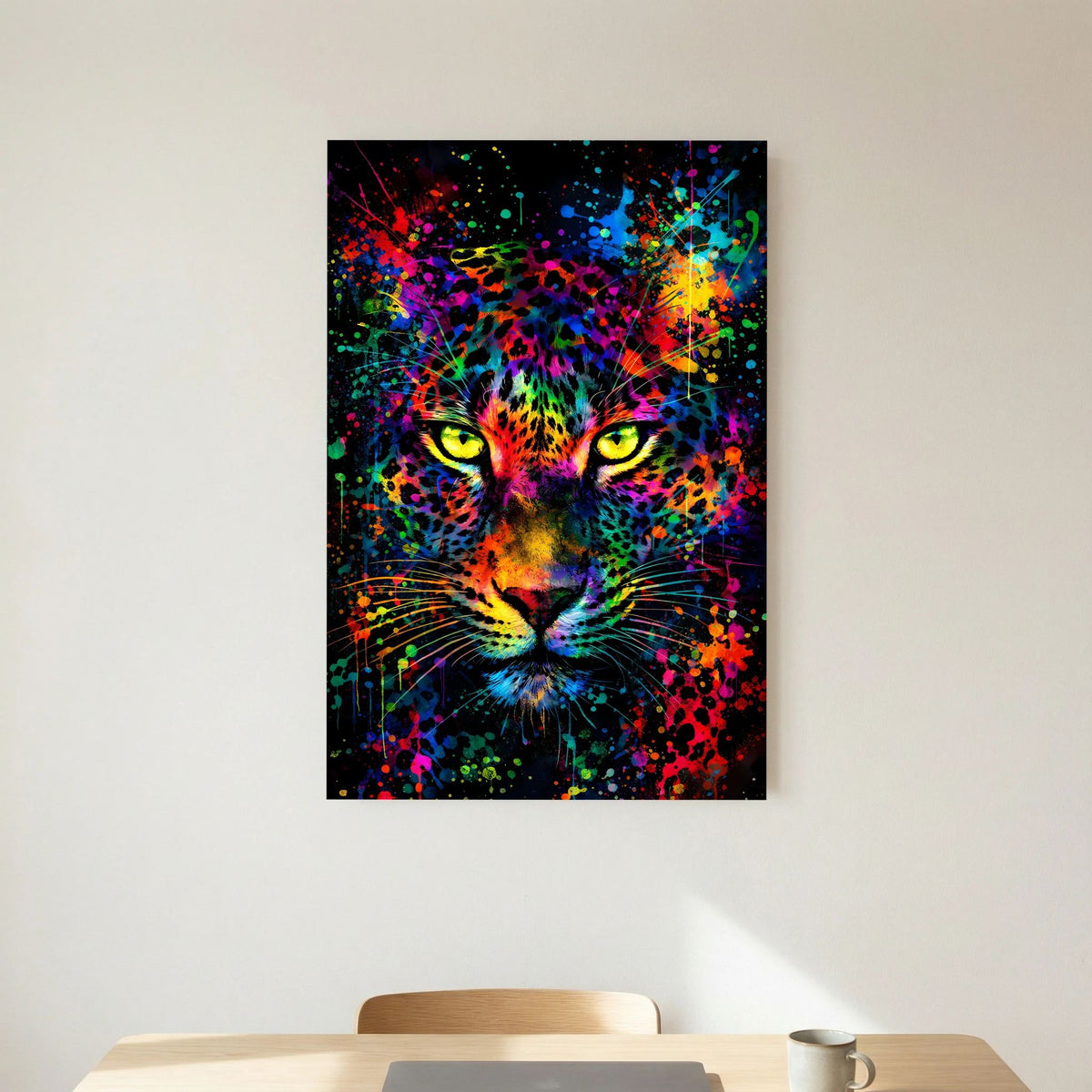 Poster mit Leoparden-Gesicht im Neonfarben-Mix, gelbgrüne Augen und bunte Farbspritzer, hochkant