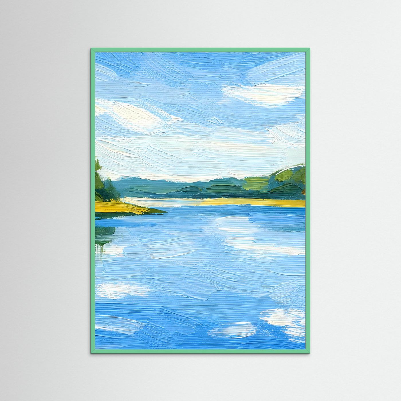 Wandbild mit Flusslandschaft im Sommer, hellgrüner Rahmen, blaues Wasser