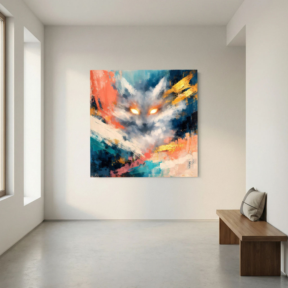 Quadratisches Leinwandbild mit abstraktem Fuchs und leuchtenden Augen in Blau-Türkis