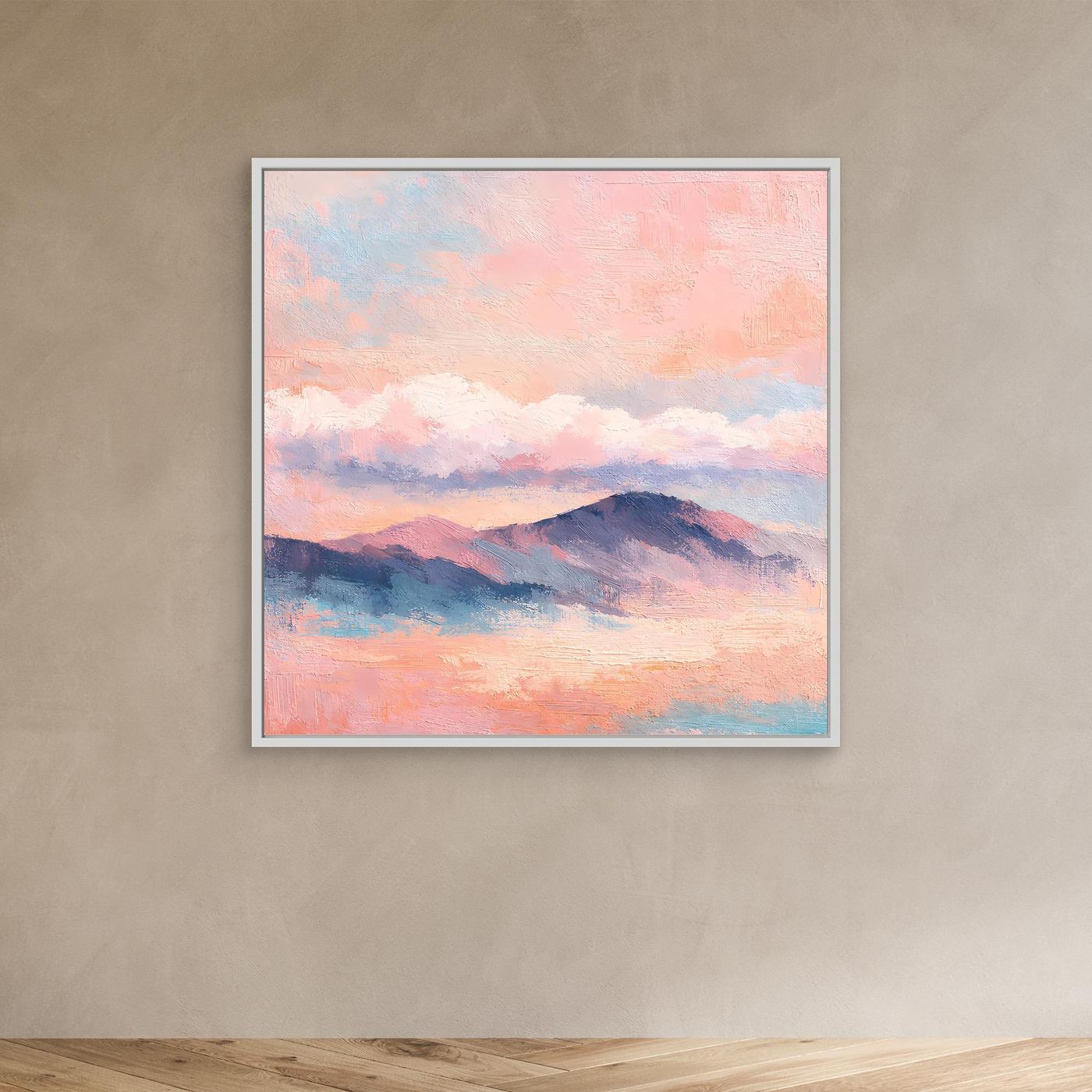 Quadratisches Leinwand-Wandbild mit pastellfarbenen Bergen und Sonnenuntergangshimmel im hellen Rahmen